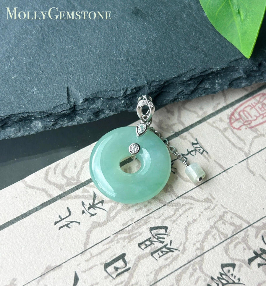 Natural Jadeite Donut Pendant - Type A Burmese Jade in Icy Apple Green, Sterling Silver Designer Setting