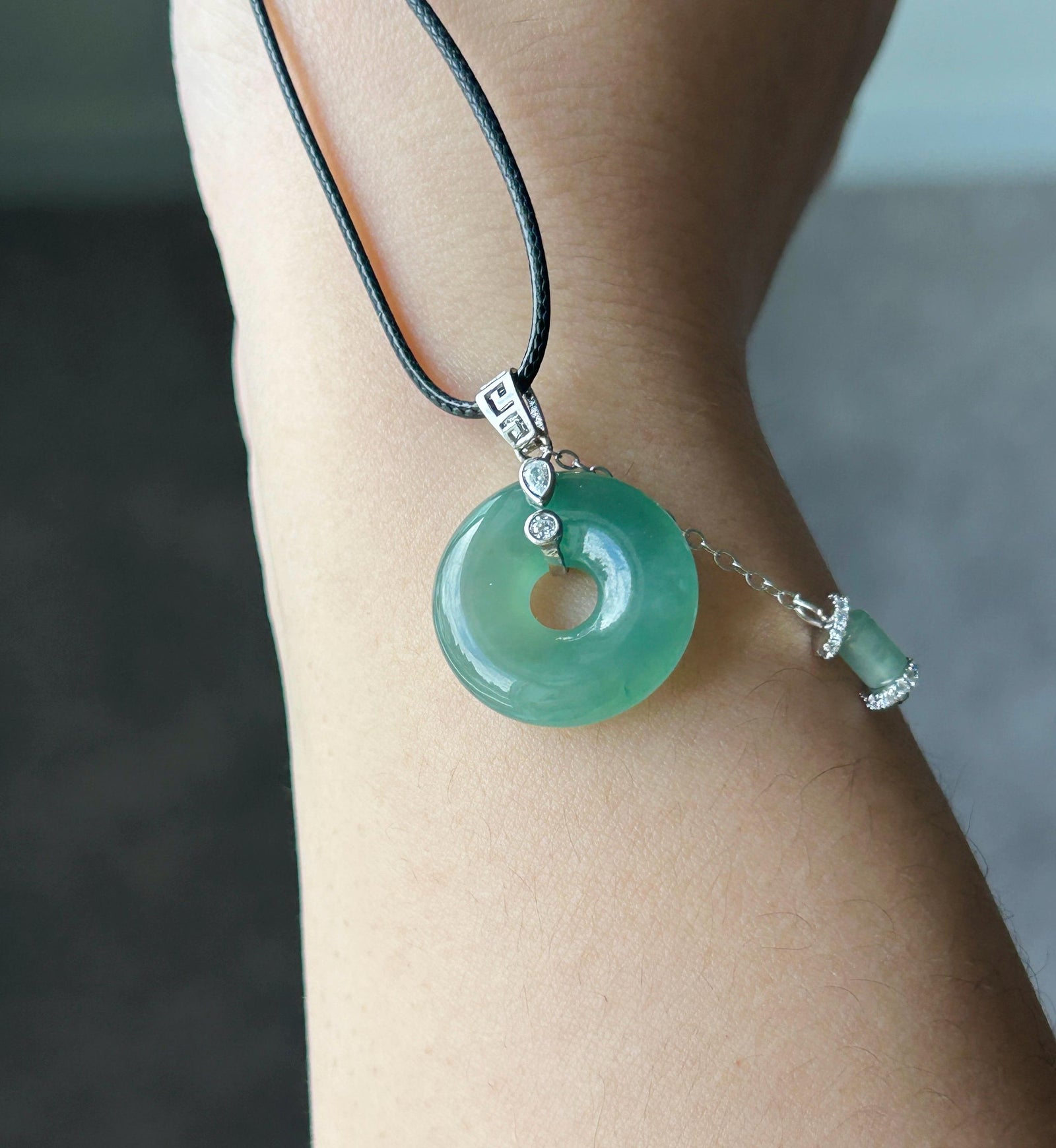 Natural Jadeite Donut Pendant - Type A Burmese Jade in Icy Dark Green, Old Blue Lake Water Tone, Sterling Silver Designer Setting