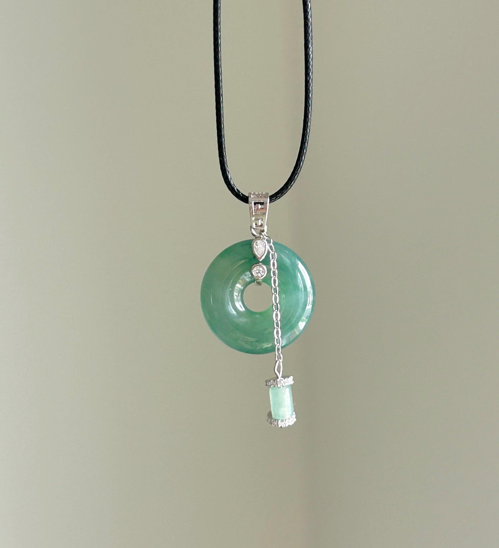 Natural Jadeite Donut Pendant - Type A Burmese Jade in Icy Dark Green, Old Blue Lake Water Tone, Sterling Silver Designer Setting