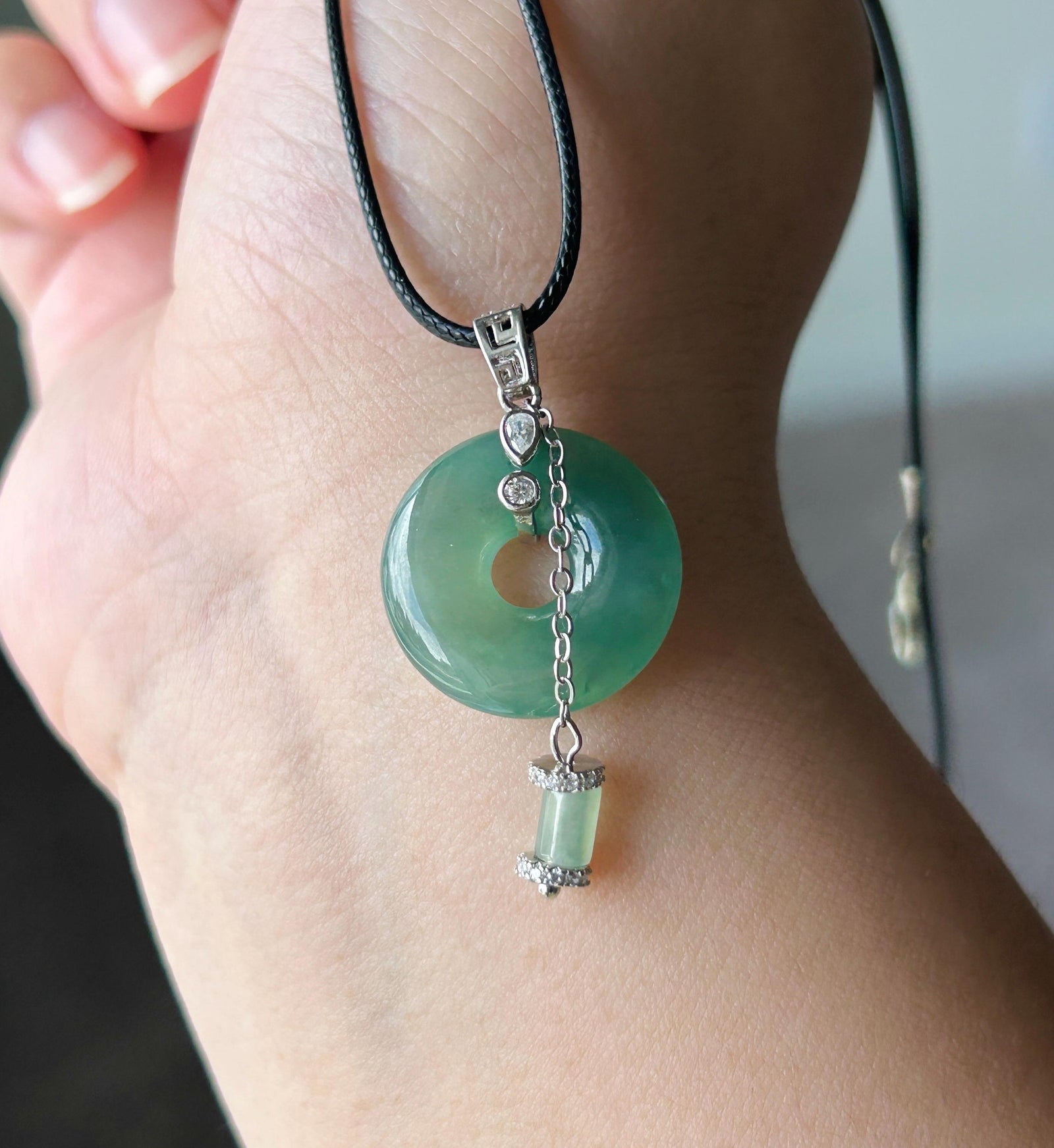 Natural Jadeite Donut Pendant - Type A Burmese Jade in Icy Dark Green, Old Blue Lake Water Tone, Sterling Silver Designer Setting