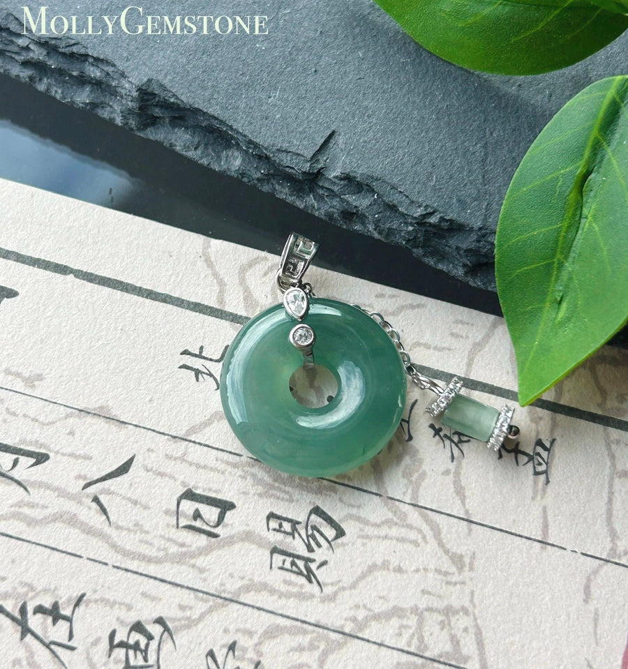 Natural Jadeite Donut Pendant - Type A Burmese Jade in Icy Dark Green, Old Blue Lake Water Tone, Sterling Silver Designer Setting