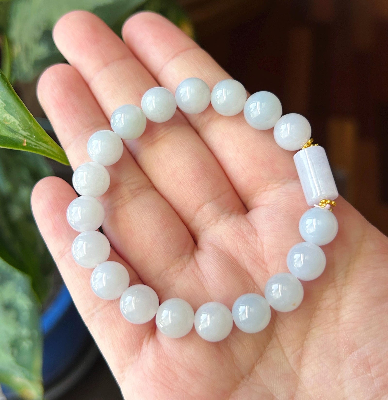 Natural Jadeite Beaded Bracelet Burmese Type A Translucent Fine Icy Misty Blue Lavender Cool Toned Jade 9.7mm Minimalist Jewelry