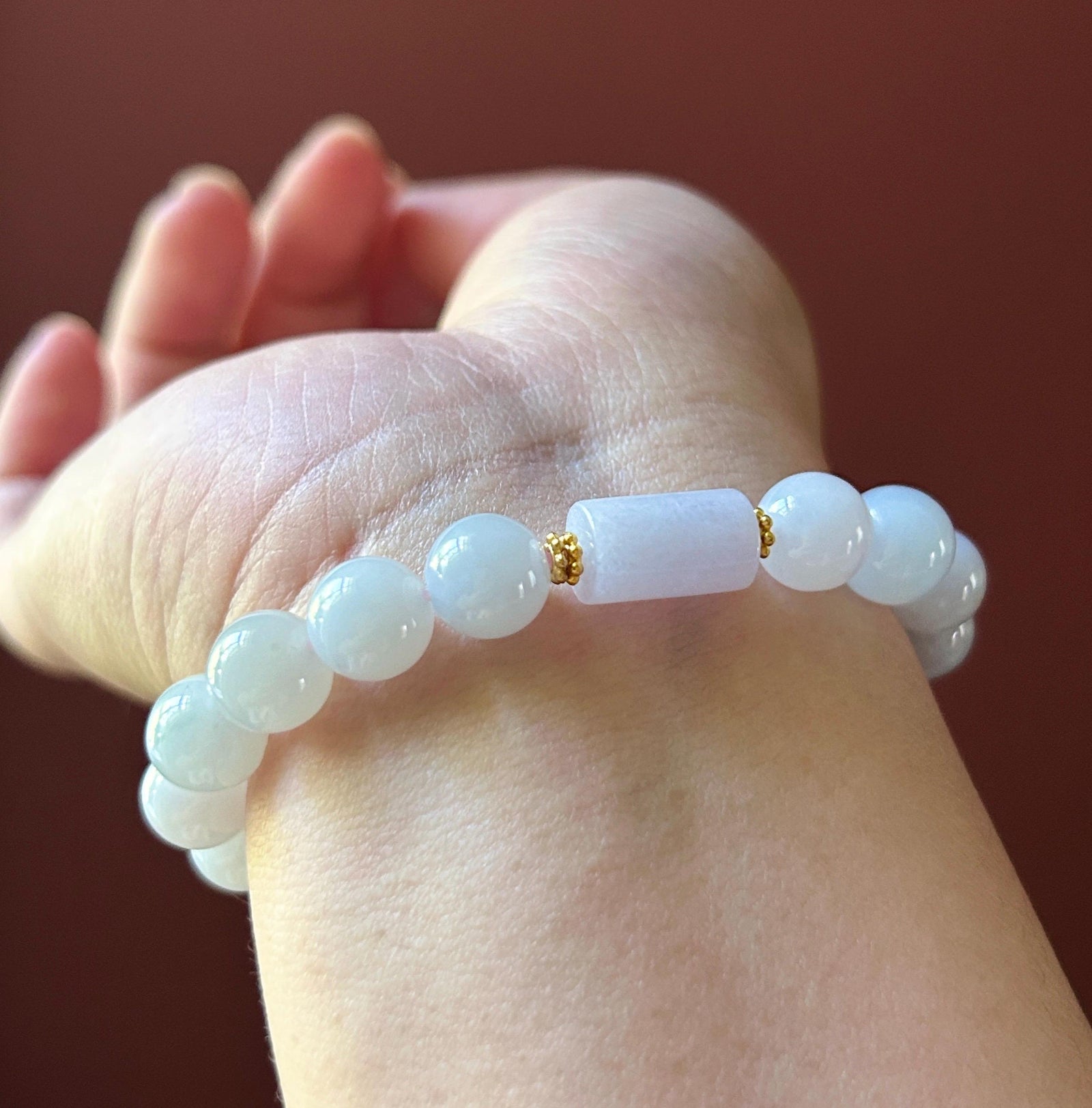 Natural Jadeite Beaded Bracelet Burmese Type A Translucent Fine Icy Misty Blue Lavender Cool Toned Jade 9.7mm Minimalist Jewelry