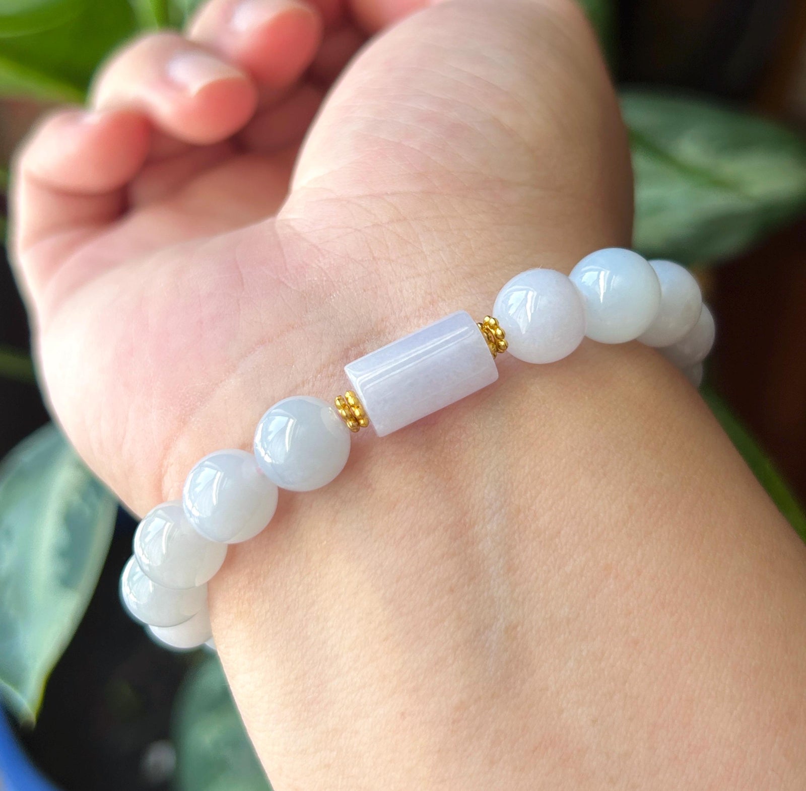 Natural Jadeite Beaded Bracelet Burmese Type A Translucent Fine Icy Misty Blue Lavender Cool Toned Jade 9.7mm Minimalist Jewelry