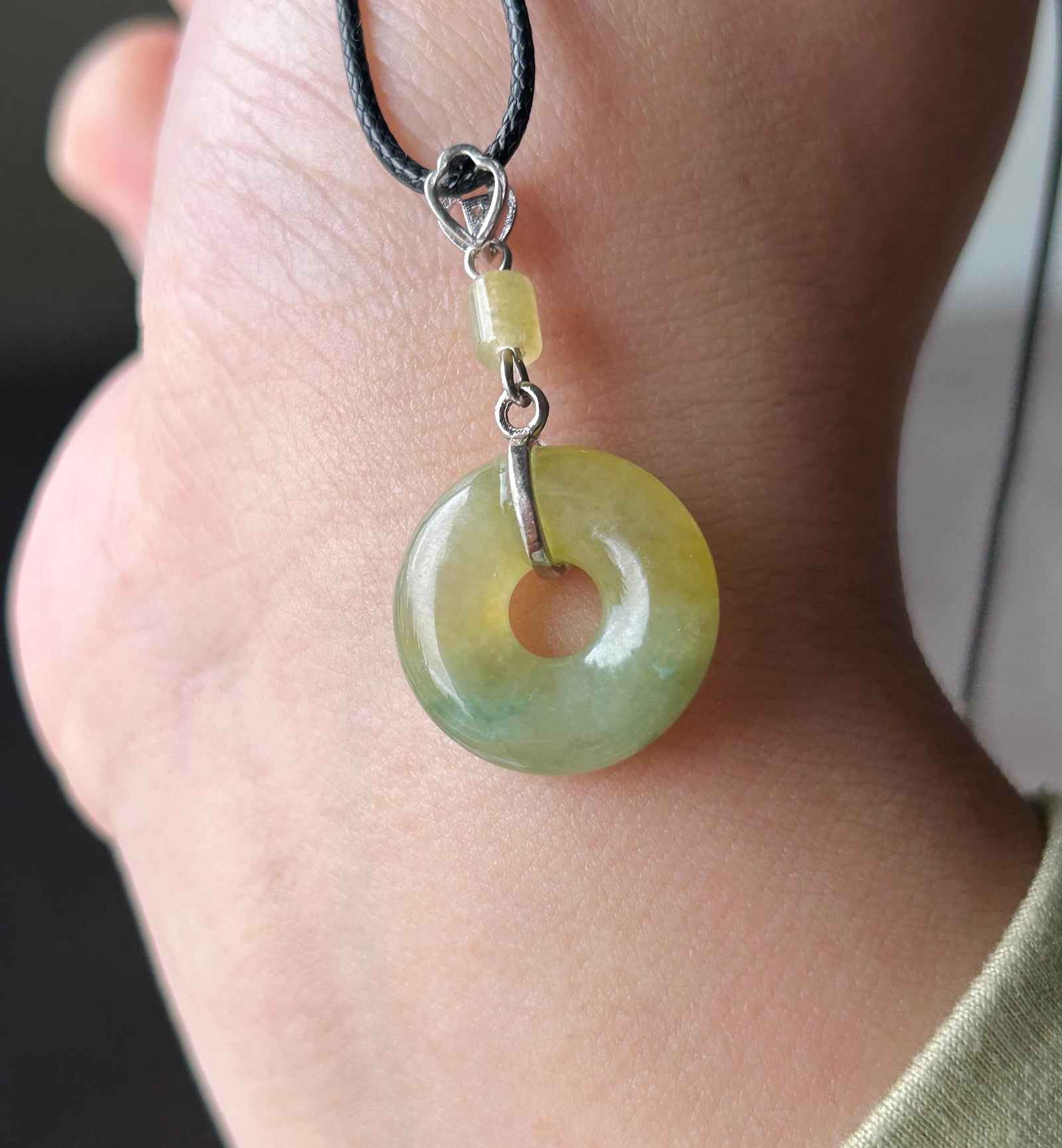 Natural Jadeite Donut Pendant - Type A Burmese Jade in Tea Yellow & Green Tone, Sterling Silver Designer Setting
