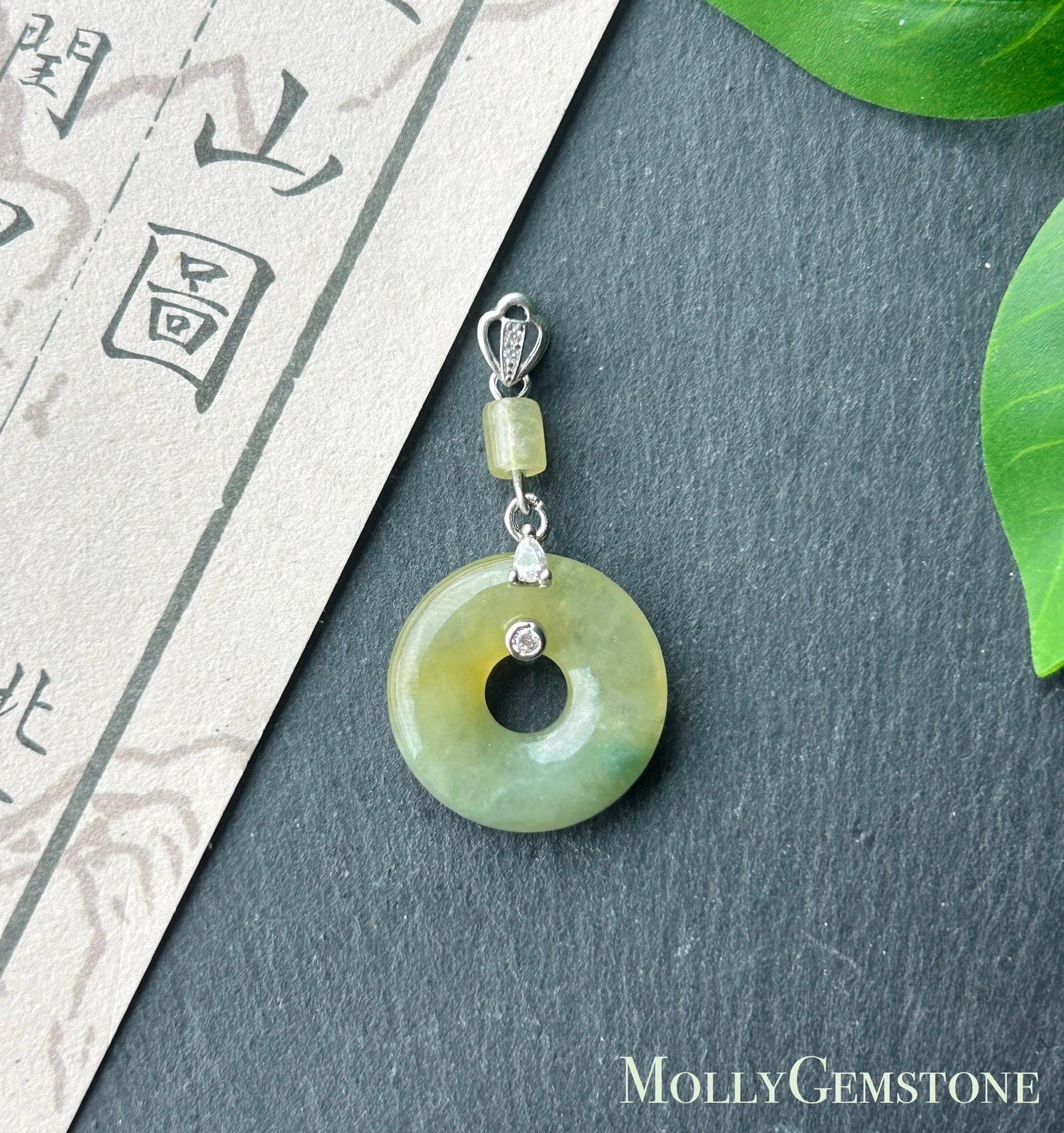 Natural Jadeite Donut Pendant - Type A Burmese Jade in Tea Yellow & Green Tone, Sterling Silver Designer Setting