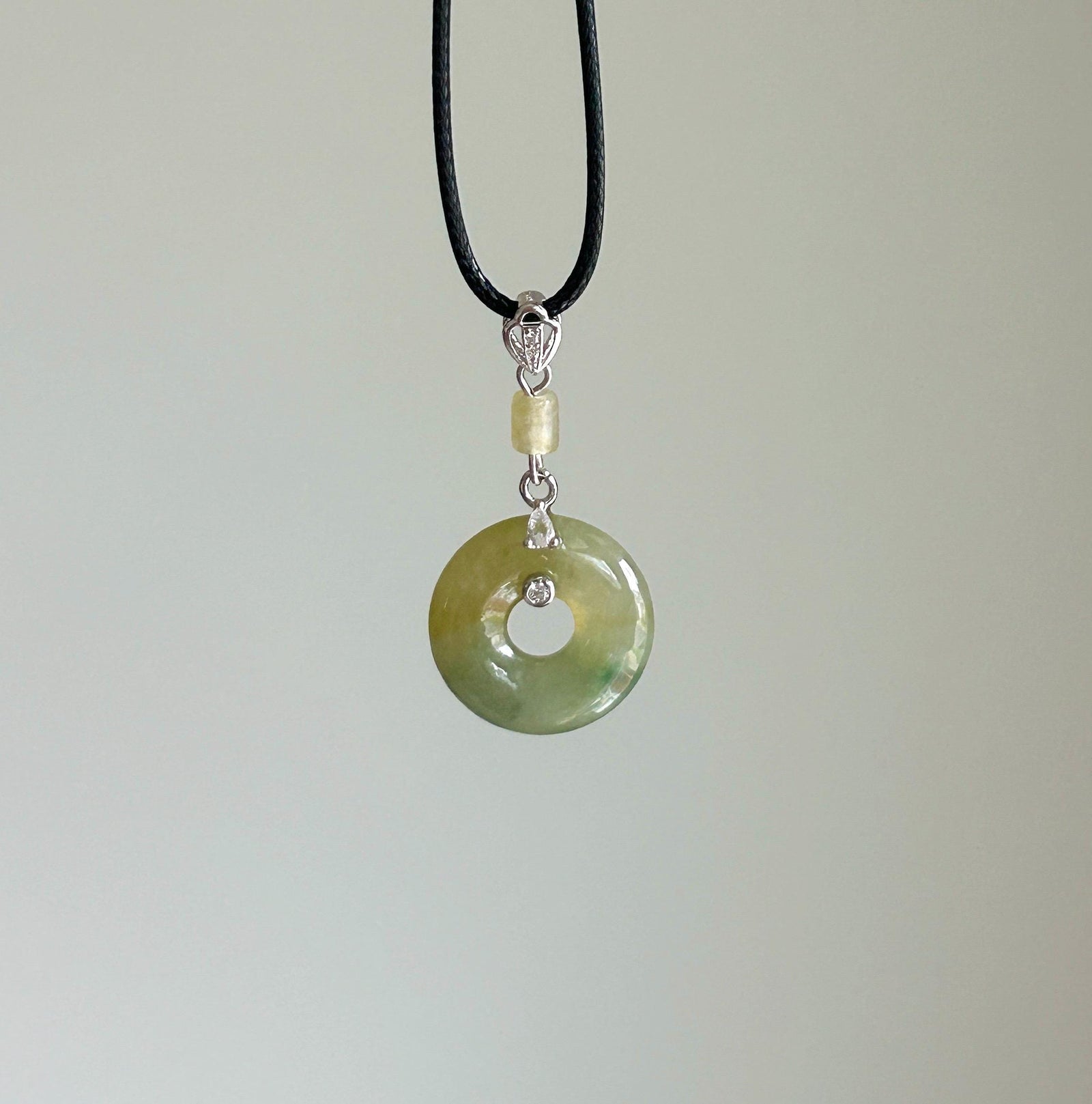 Natural Jadeite Donut Pendant - Type A Burmese Jade in Tea Yellow & Green Tone, Sterling Silver Designer Setting