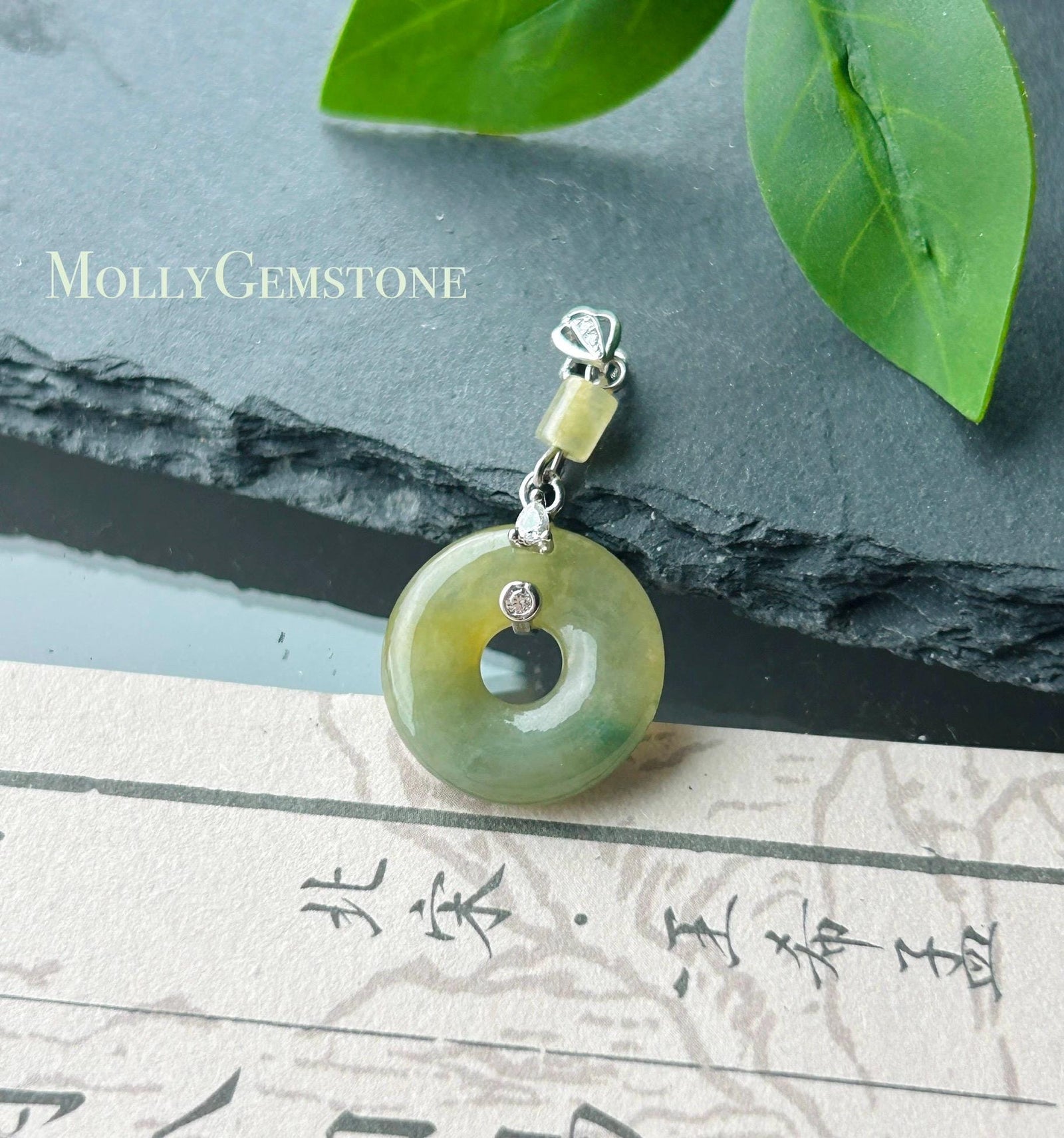 Natural Jadeite Donut Pendant - Type A Burmese Jade in Tea Yellow & Green Tone, Sterling Silver Designer Setting