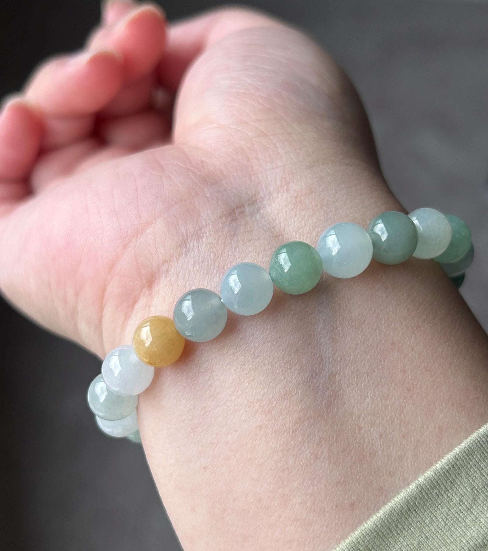 Natural Jadeite Bracelet, Burmese Type A Icy Translucent Multicolor Jade Beads, 8.3mm Duobao Bracelet