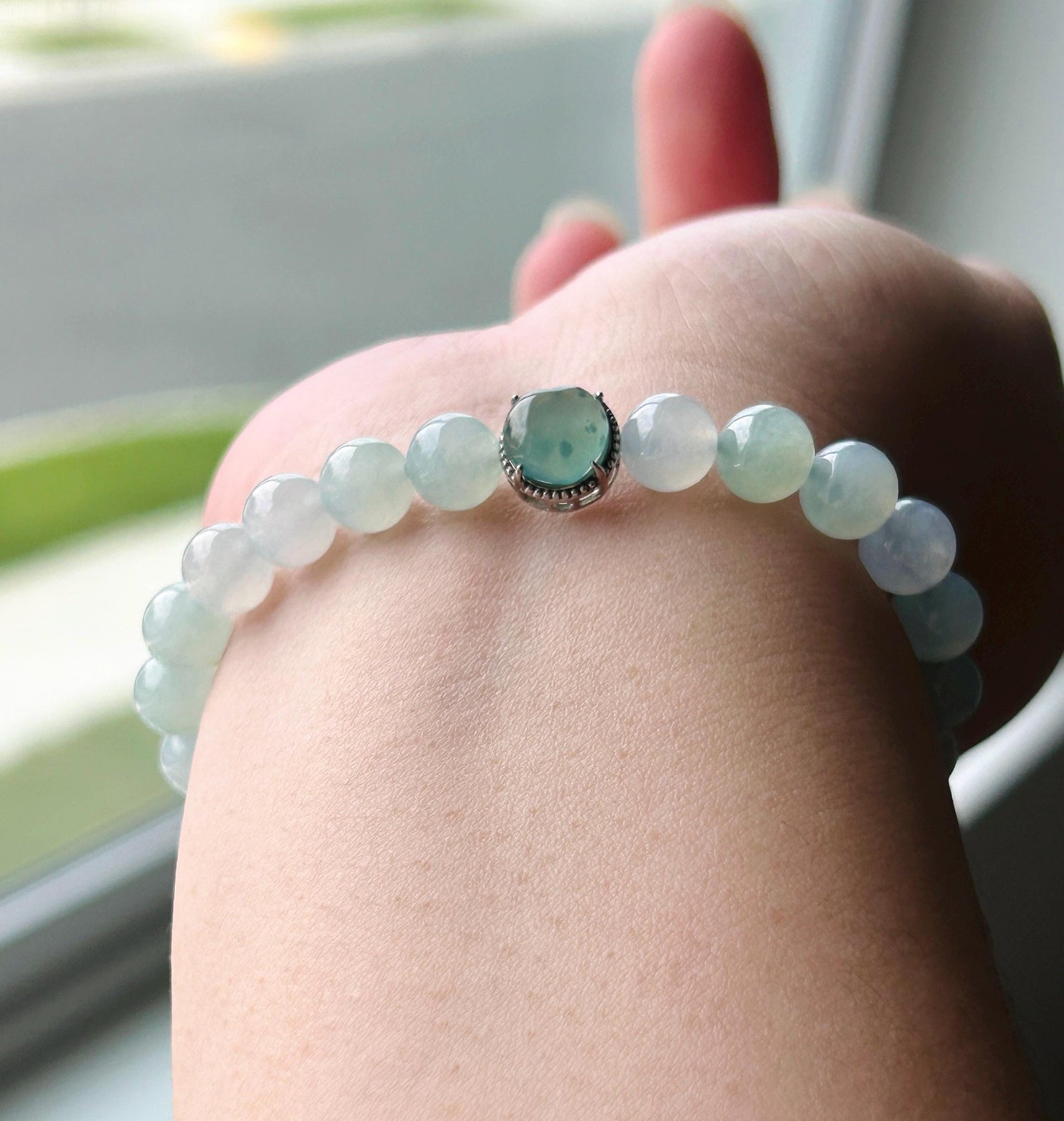 Natural Jadeite Beaded Bracelet Burmese Type A Highly Translucent Icy Gelatinous Pastel Green & Lavender Blue Jade 7.6mm