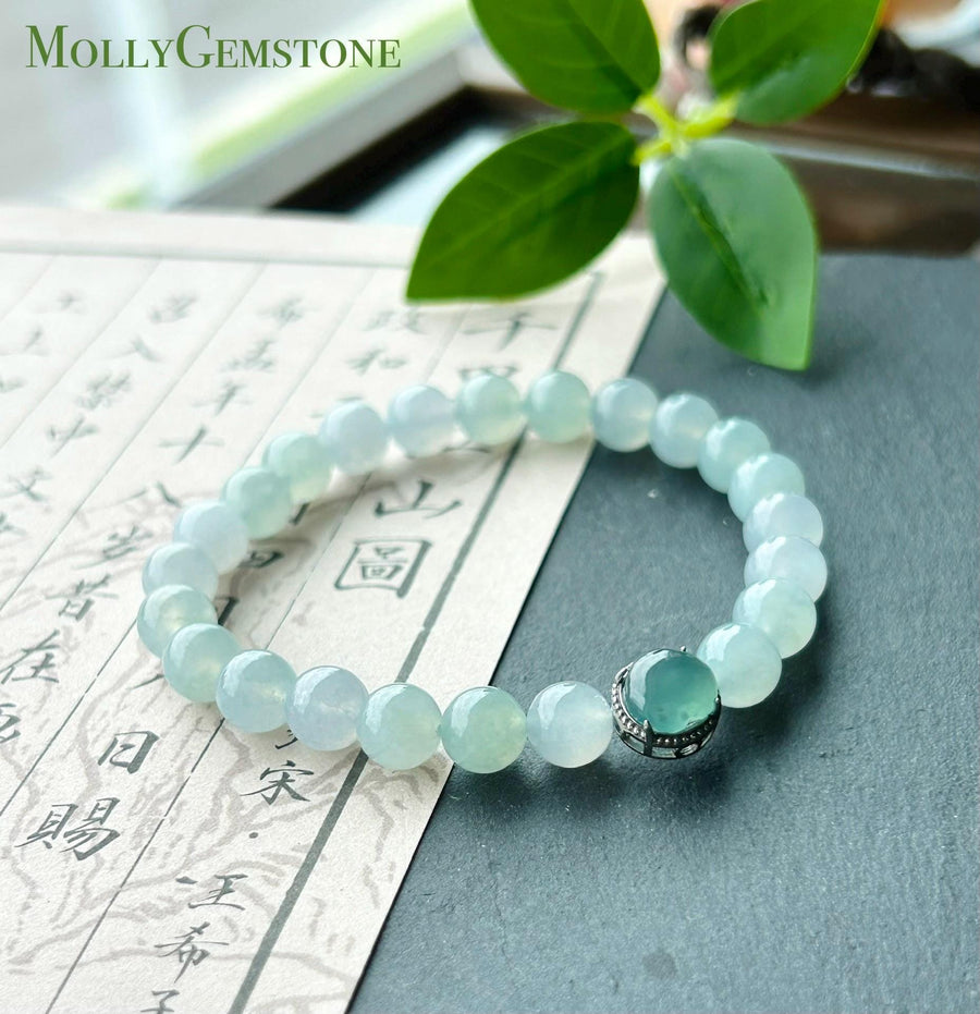 Natural Jadeite Beaded Bracelet Burmese Type A Highly Translucent Icy Gelatinous Pastel Green & Lavender Blue Jade 7.6mm