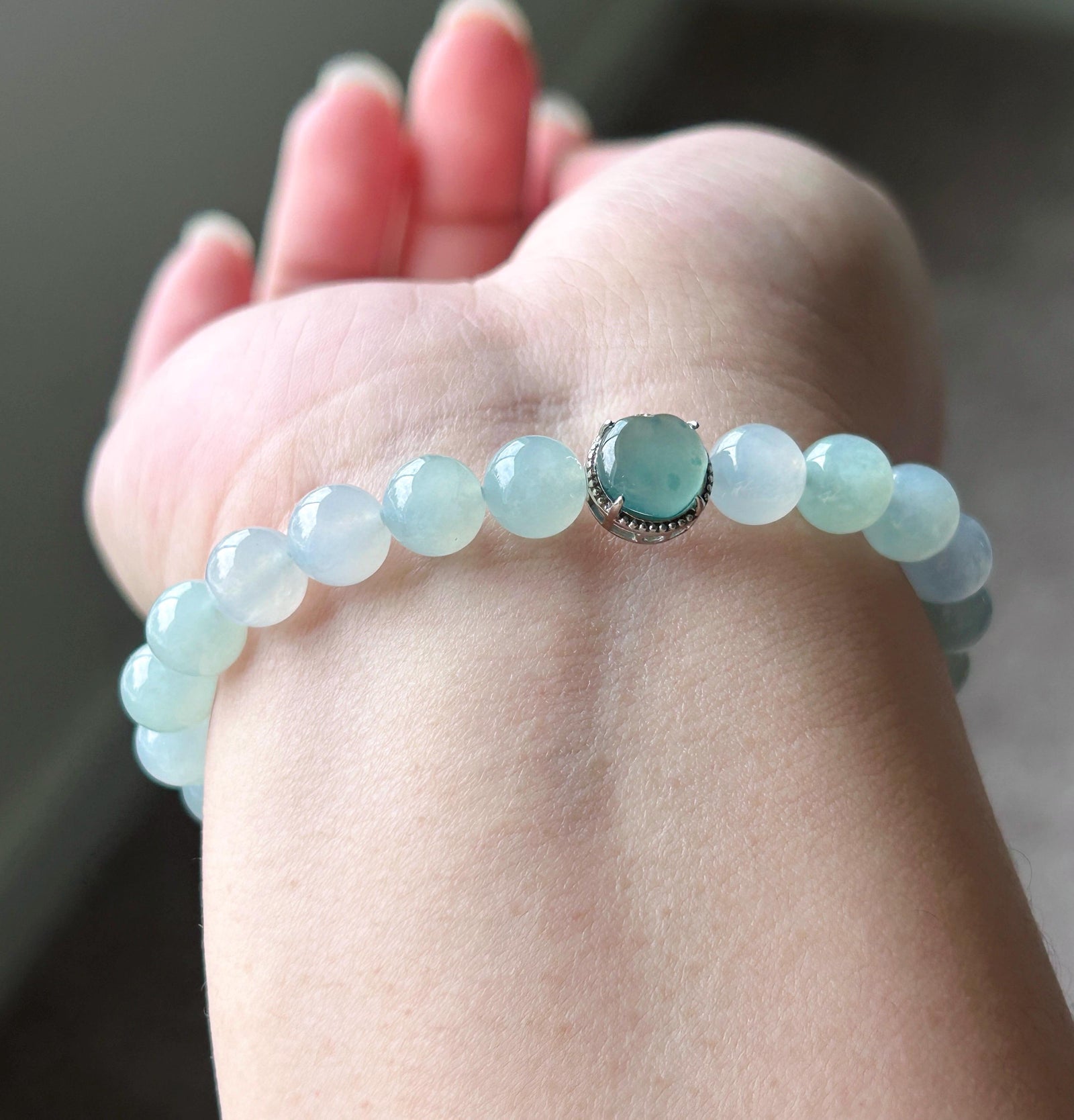 Natural Jadeite Beaded Bracelet Burmese Type A Highly Translucent Icy Gelatinous Pastel Green & Lavender Blue Jade 7.6mm