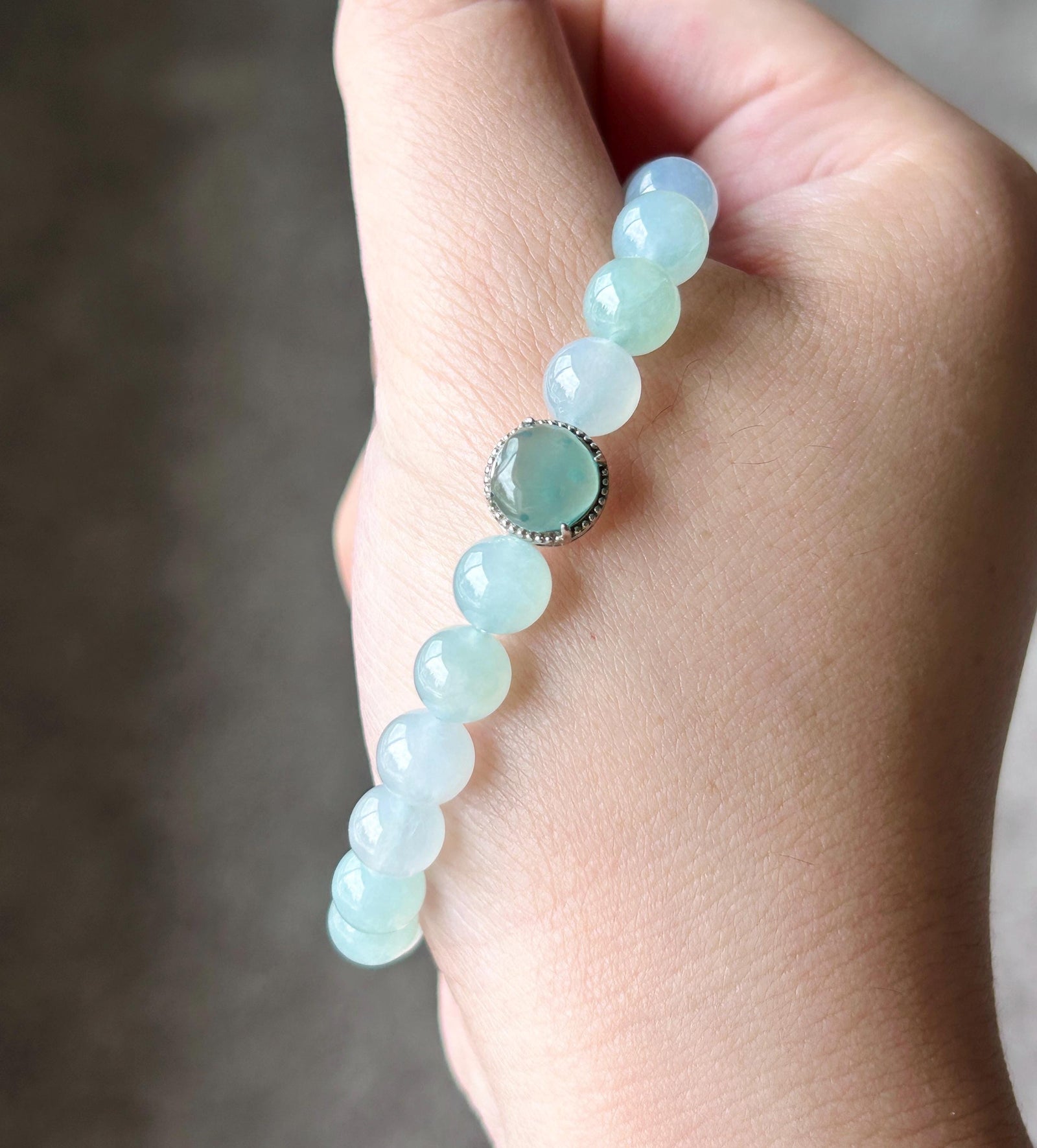 Natural Jadeite Beaded Bracelet Burmese Type A Highly Translucent Icy Gelatinous Pastel Green & Lavender Blue Jade 7.6mm