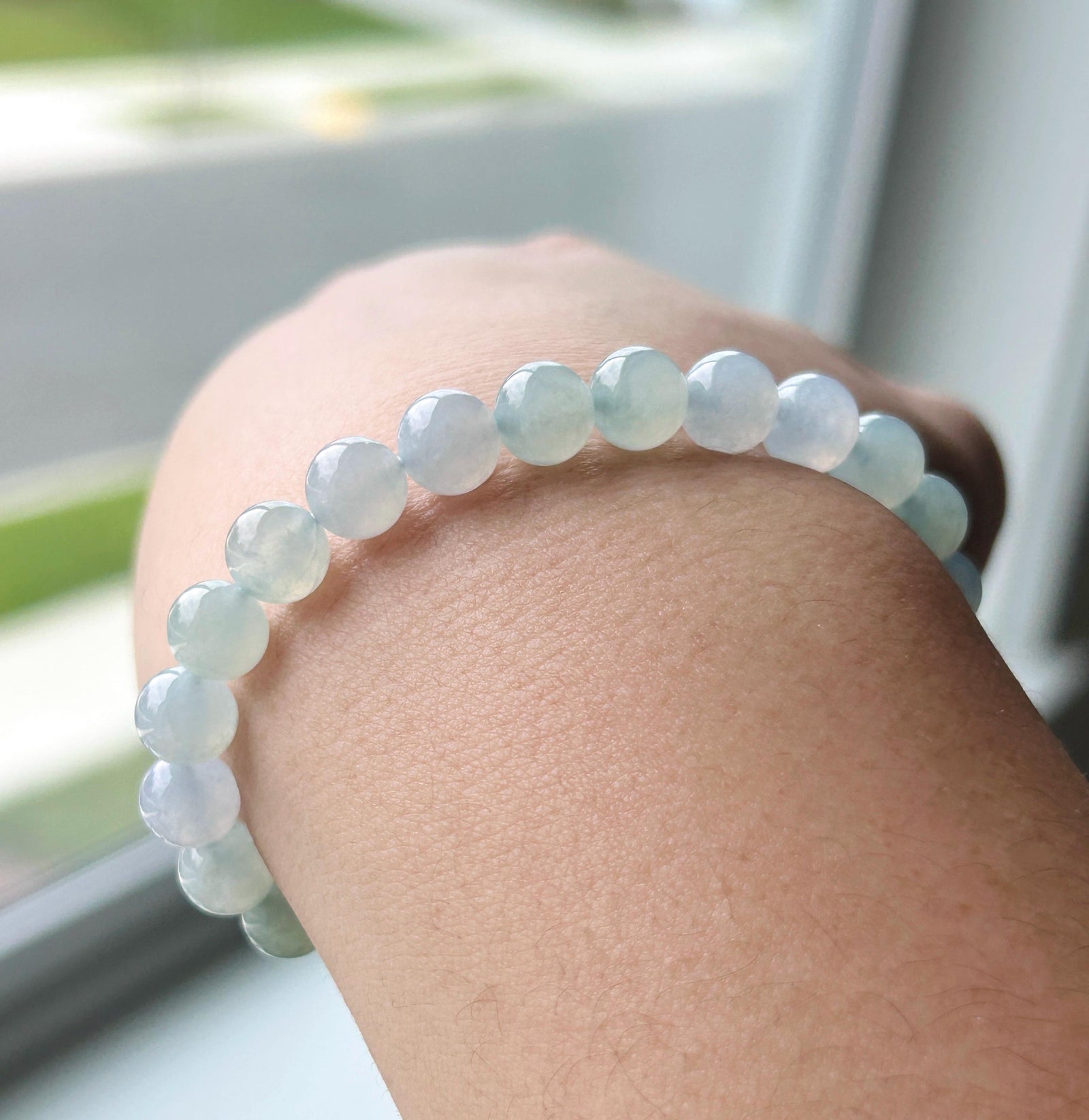 Natural Jadeite Beaded Bracelet Burmese Type A Highly Translucent Icy Gelatinous Pastel Green & Lavender Blue Jade 7.6mm
