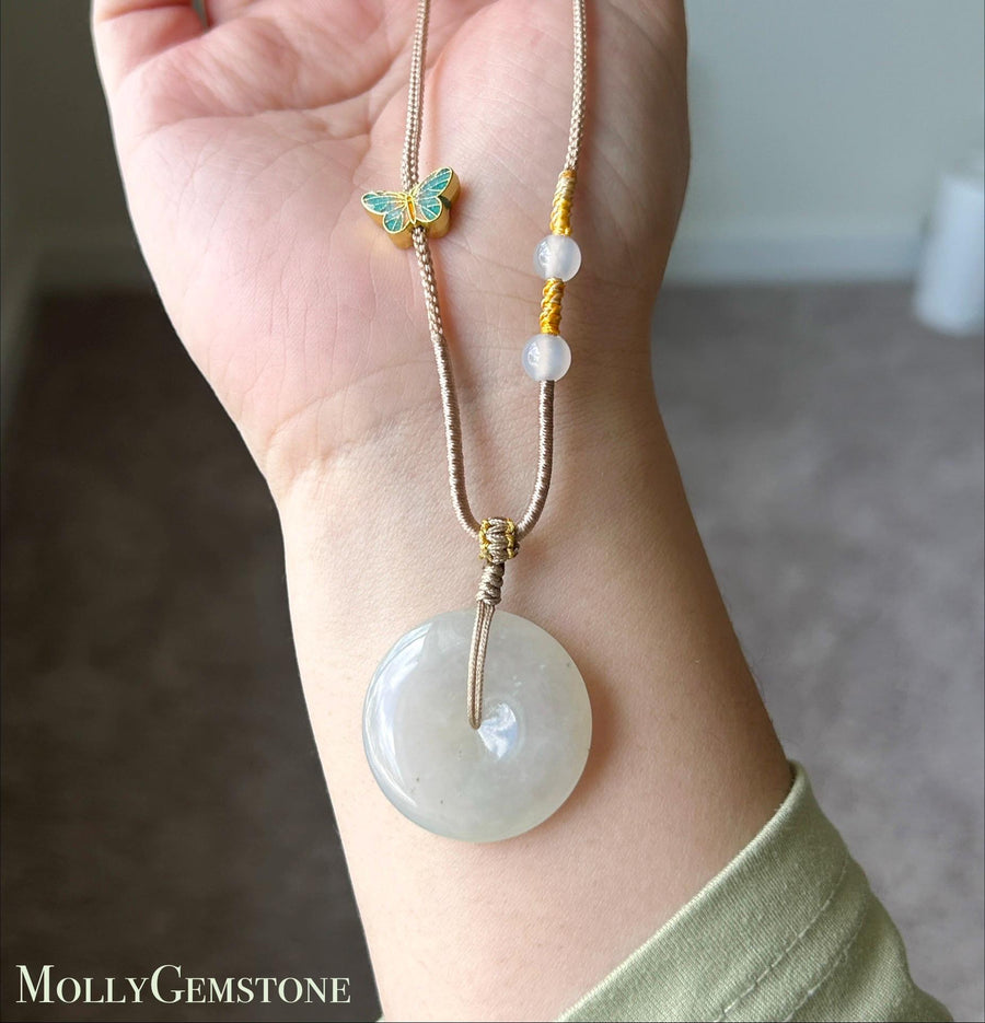 Natural Jadeite Lucky Donut Pendant Handwoven Necklace Burmese Type A Translucent Icy Light Milk Tea White/Grey Jade PingAnKou 29 x 6mm