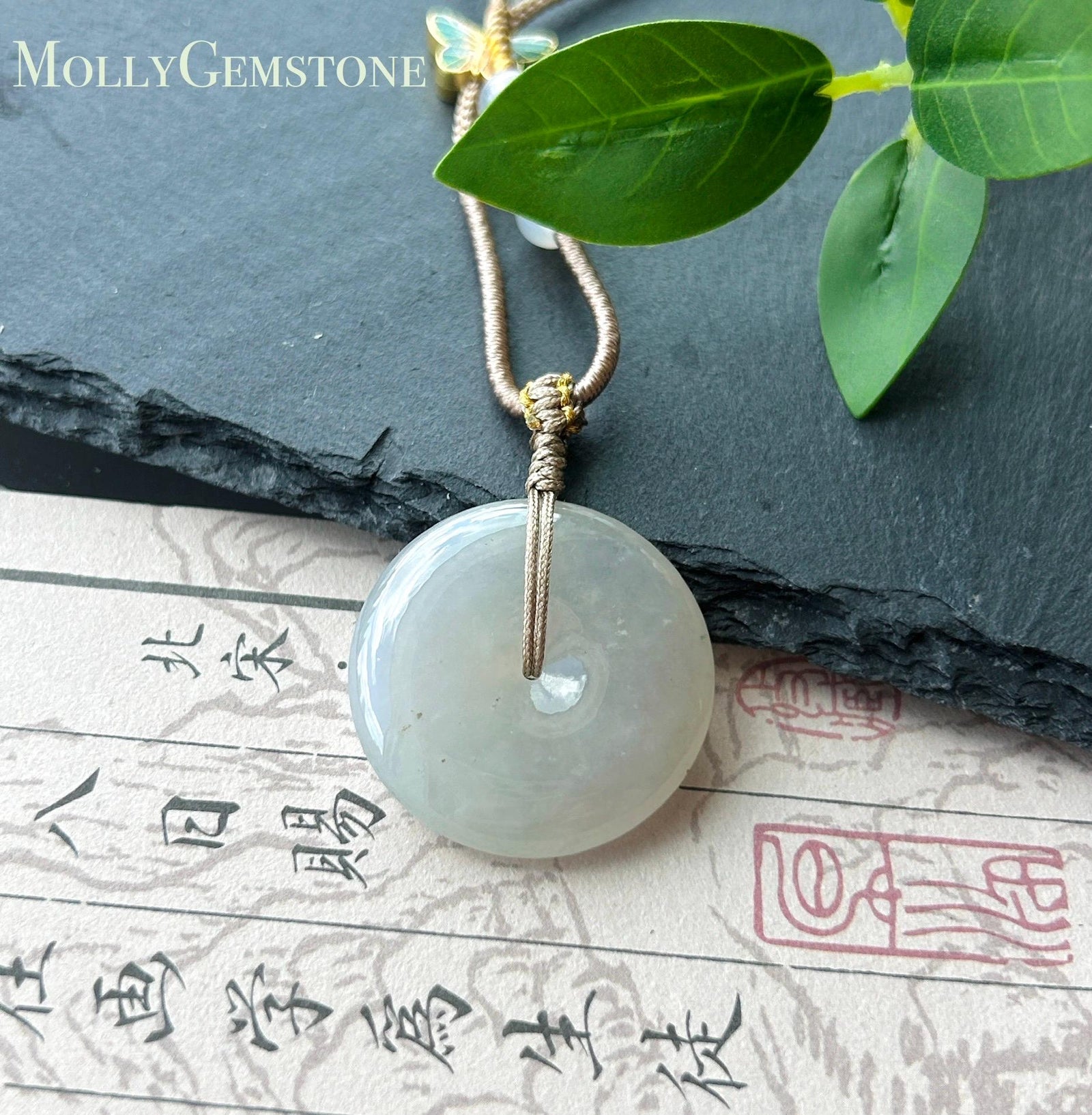 Natural Jadeite Lucky Donut Pendant Handwoven Necklace Burmese Type A Translucent Icy Light Milk Tea White/Grey Jade PingAnKou 29 x 6mm