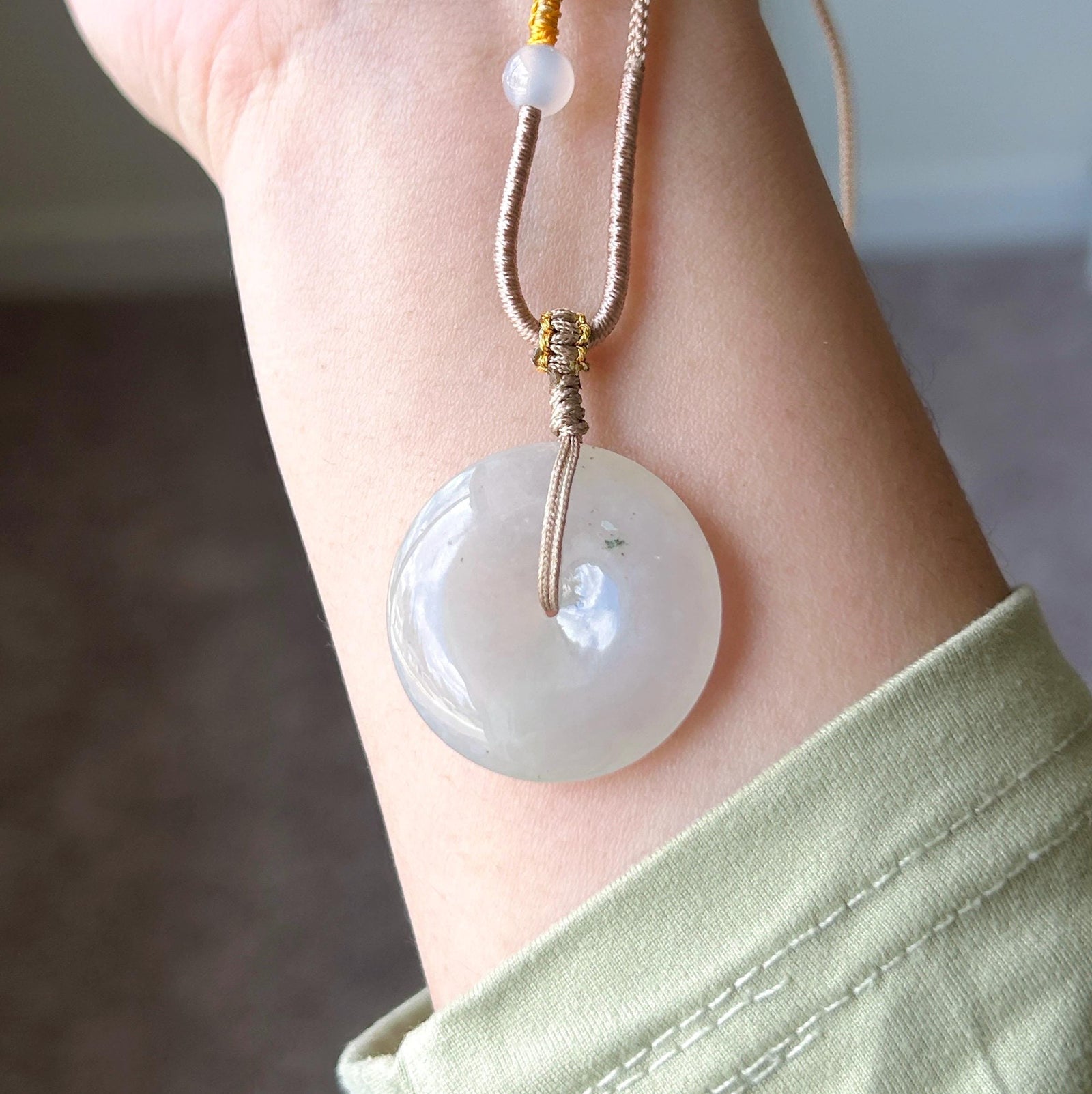 Natural Jadeite Lucky Donut Pendant Handwoven Necklace Burmese Type A Translucent Icy Light Milk Tea White/Grey Jade PingAnKou 29 x 6mm