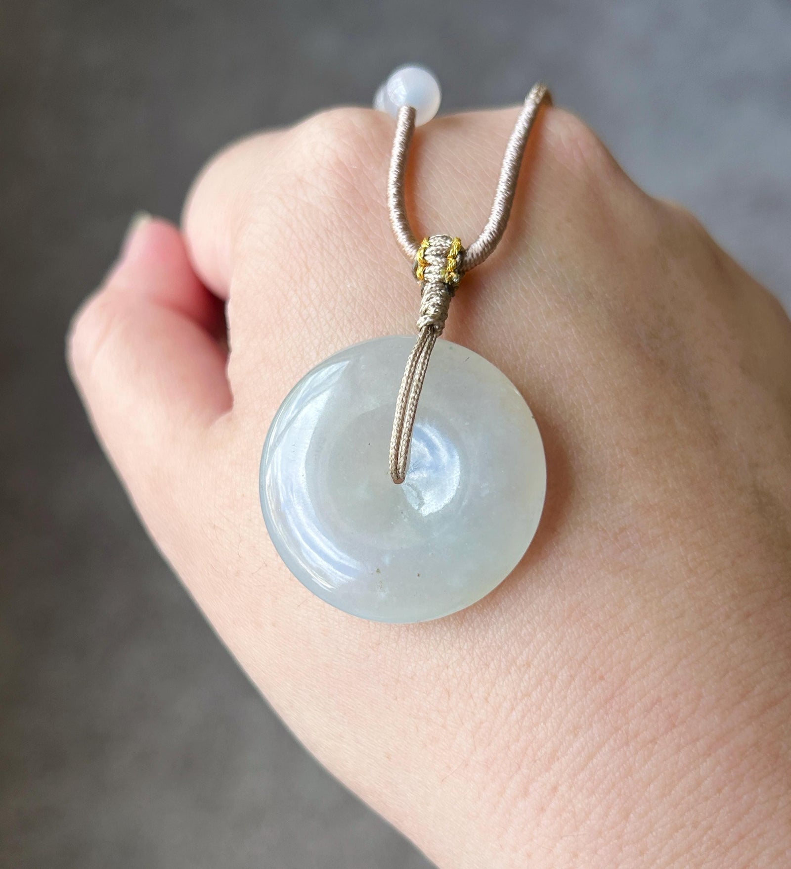 Natural Jadeite Lucky Donut Pendant Handwoven Necklace Burmese Type A Translucent Icy Light Milk Tea White/Grey Jade PingAnKou 29 x 6mm