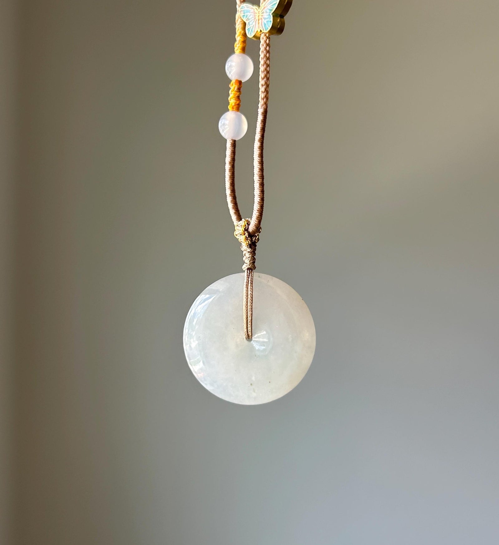 Natural Jadeite Lucky Donut Pendant Handwoven Necklace Burmese Type A Translucent Icy Light Milk Tea White/Grey Jade PingAnKou 29 x 6mm