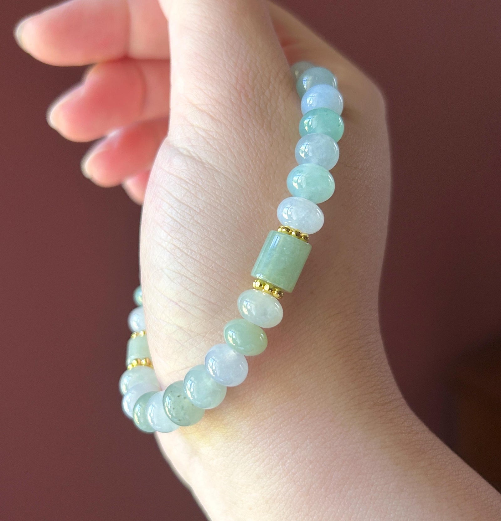 Natural Jadeite Beaded Bracelet – Burmese Type A Icy Translucent Fresh Multicolor Jade with Lulutong Focal, 8.5mm
