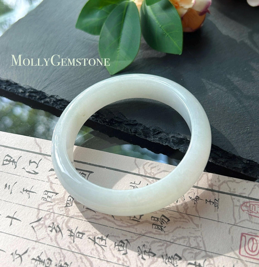 Certified Natural Jadeite Bangle – Burmese Type A Untreated fine glutinous Moonlight White Jade, Thick Round-D Cut, 58mm