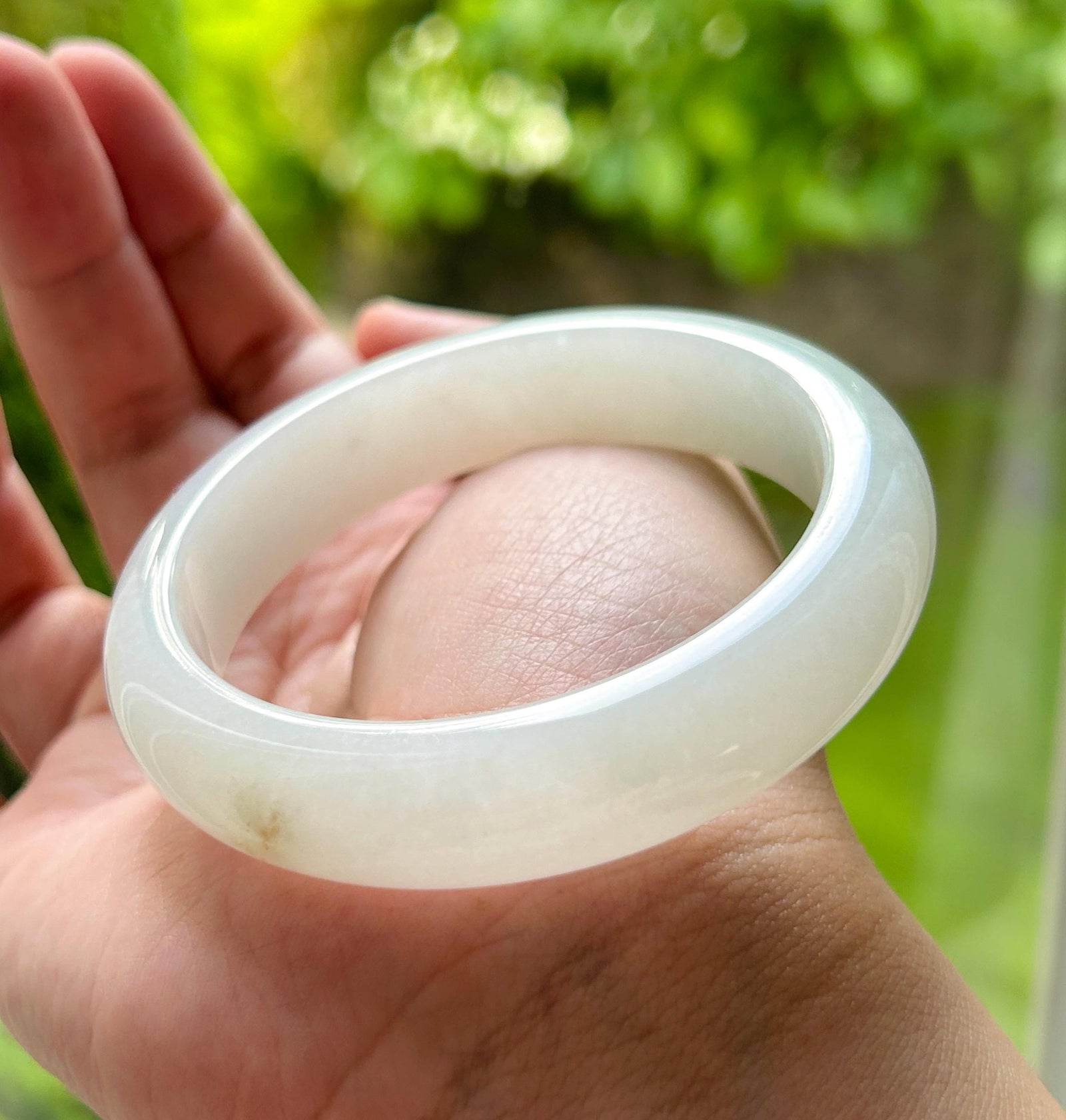Certified Natural Jadeite Bangle – Burmese Type A Untreated fine glutinous Moonlight White Jade, Thick Round-D Cut, 58mm