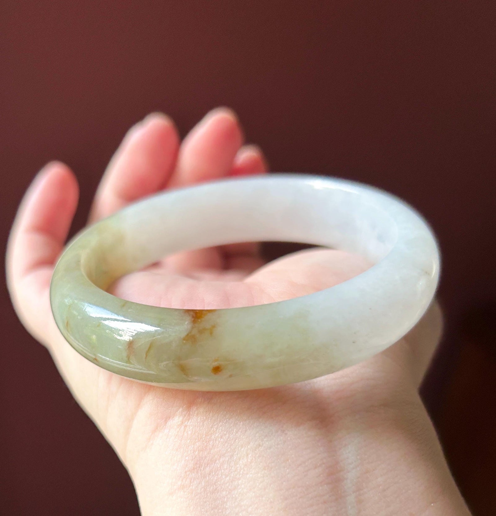 Certified Natural Jadeite Bangle – Burmese Type A Untreated Fine Glutinous White & Yellow/Red Jade, Thick Round-D Cut, 58.7mm
