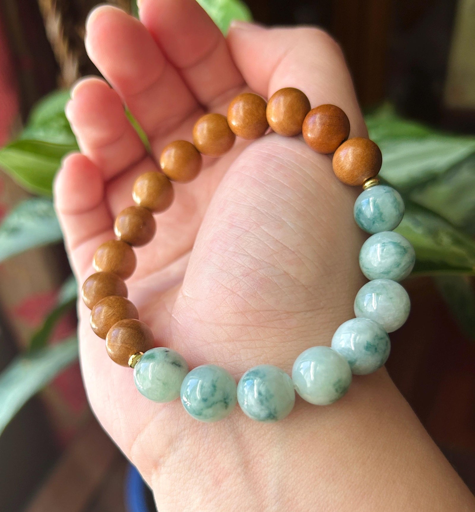 Natural Jadeite Beaded Bracelet Burmese Type A Untreated Fine Glutinous Zen Style Blue Floral Jade 11.5mm BIG Beads | Boxwood