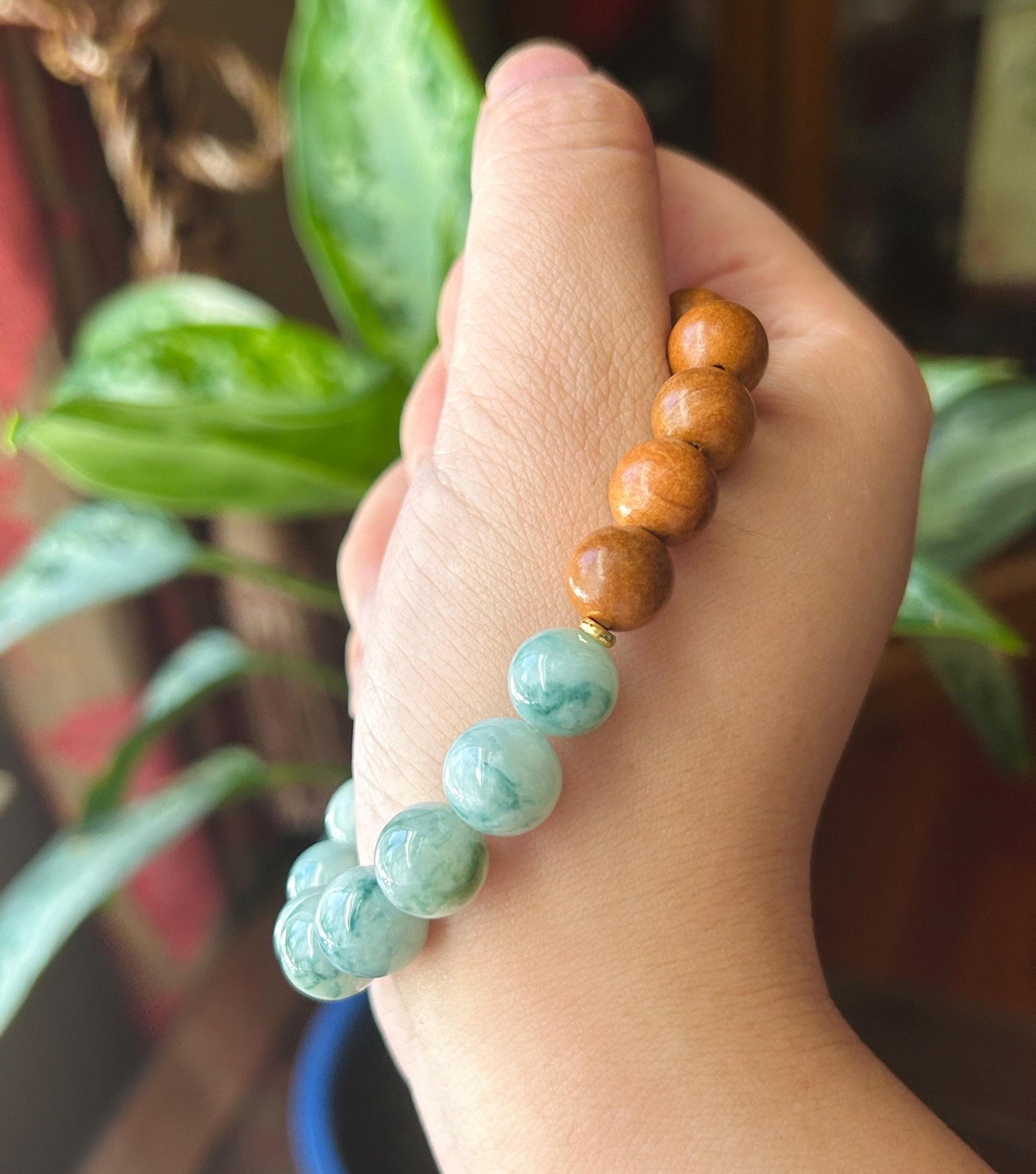 Natural Jadeite Beaded Bracelet Burmese Type A Untreated Fine Glutinous Zen Style Blue Floral Jade 11.5mm BIG Beads | Boxwood