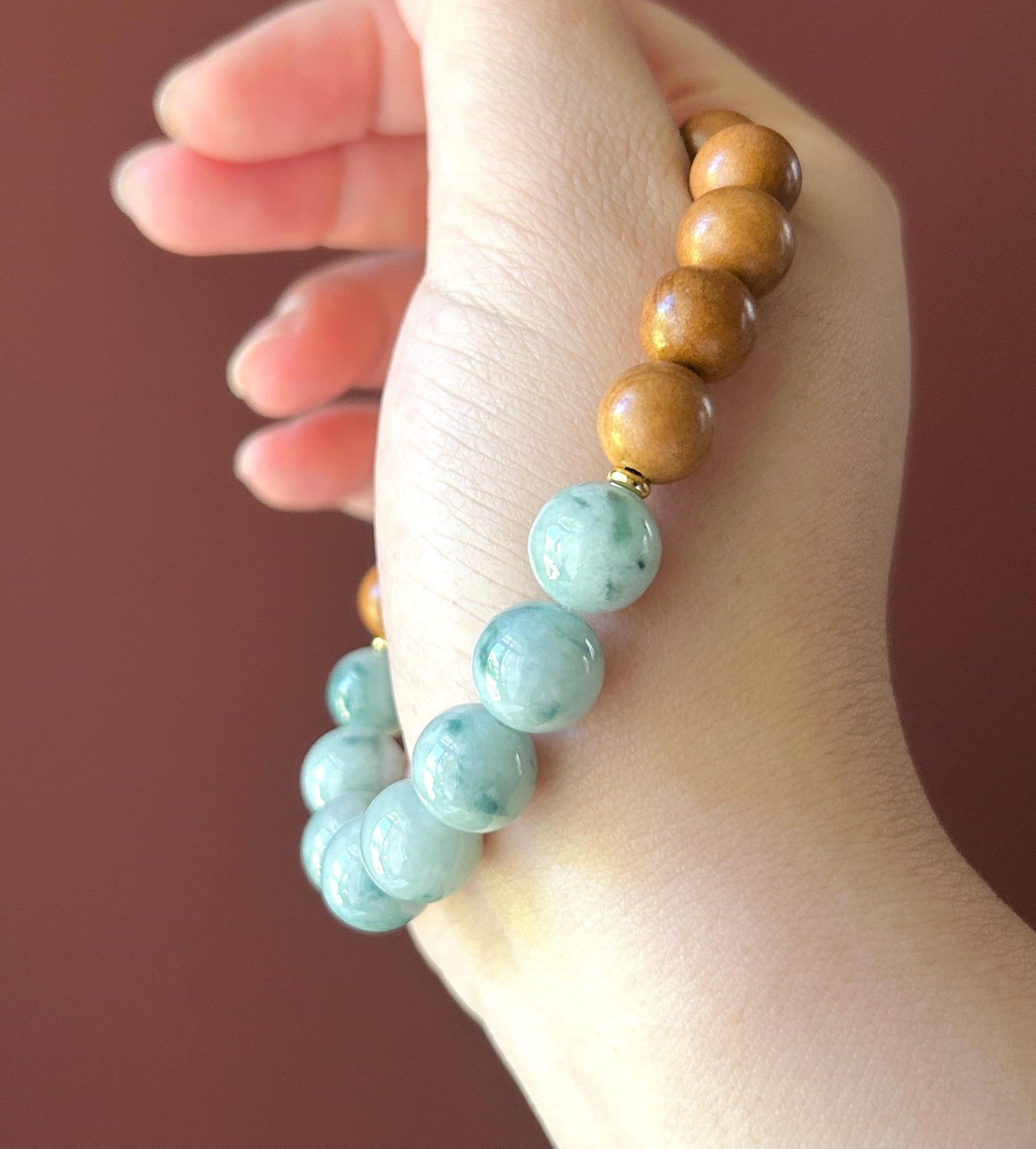 Natural Jadeite Beaded Bracelet Burmese Type A Untreated Fine Glutinous Zen Style Blue Floral Jade 11.5mm BIG Beads | Boxwood