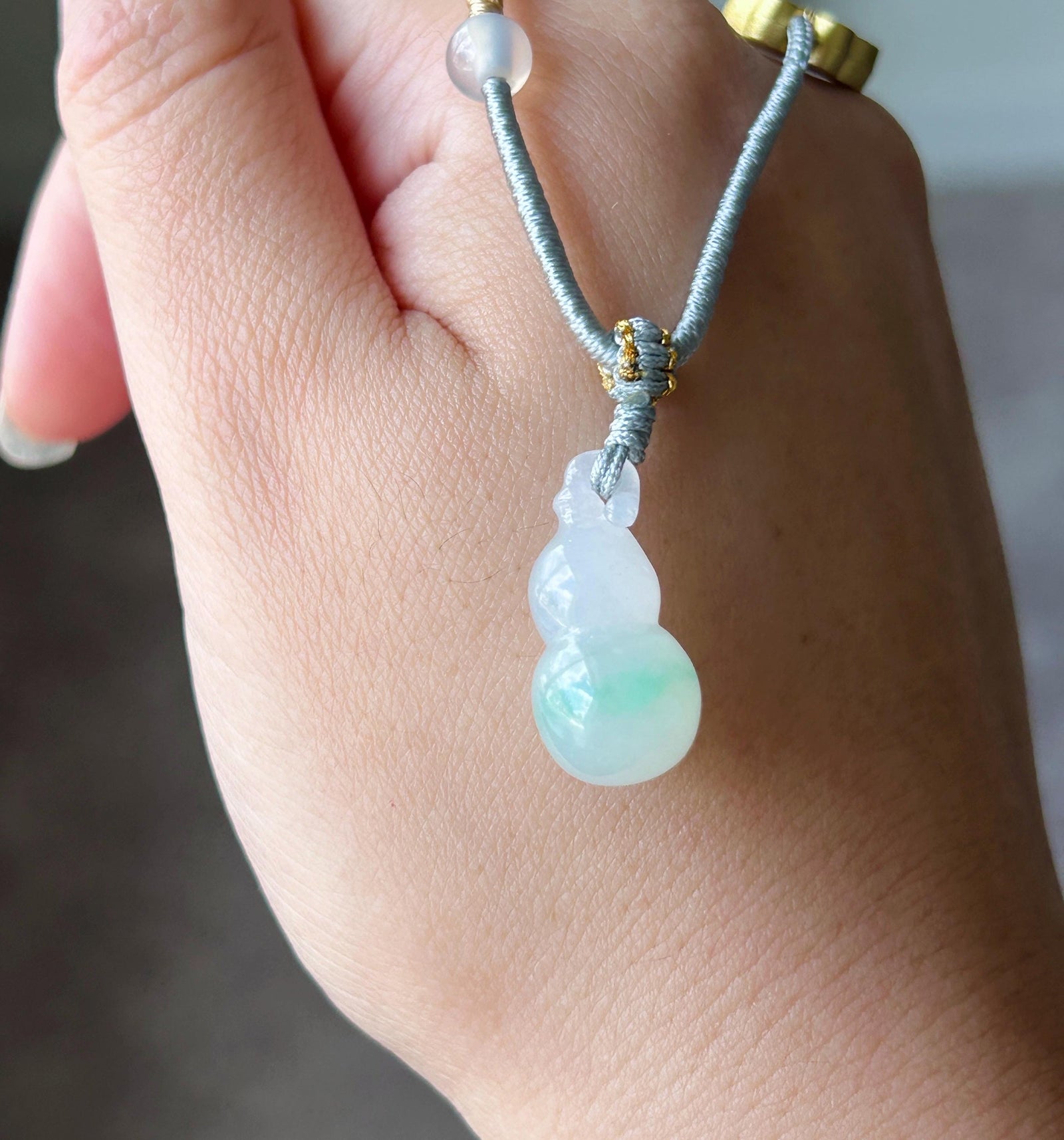 Natural Jadeite Gourd Pendant Handwoven Necklace Burmese Type A Highly Translucent Icy White Based Green Floral Jade Hulu| Moss in Snow