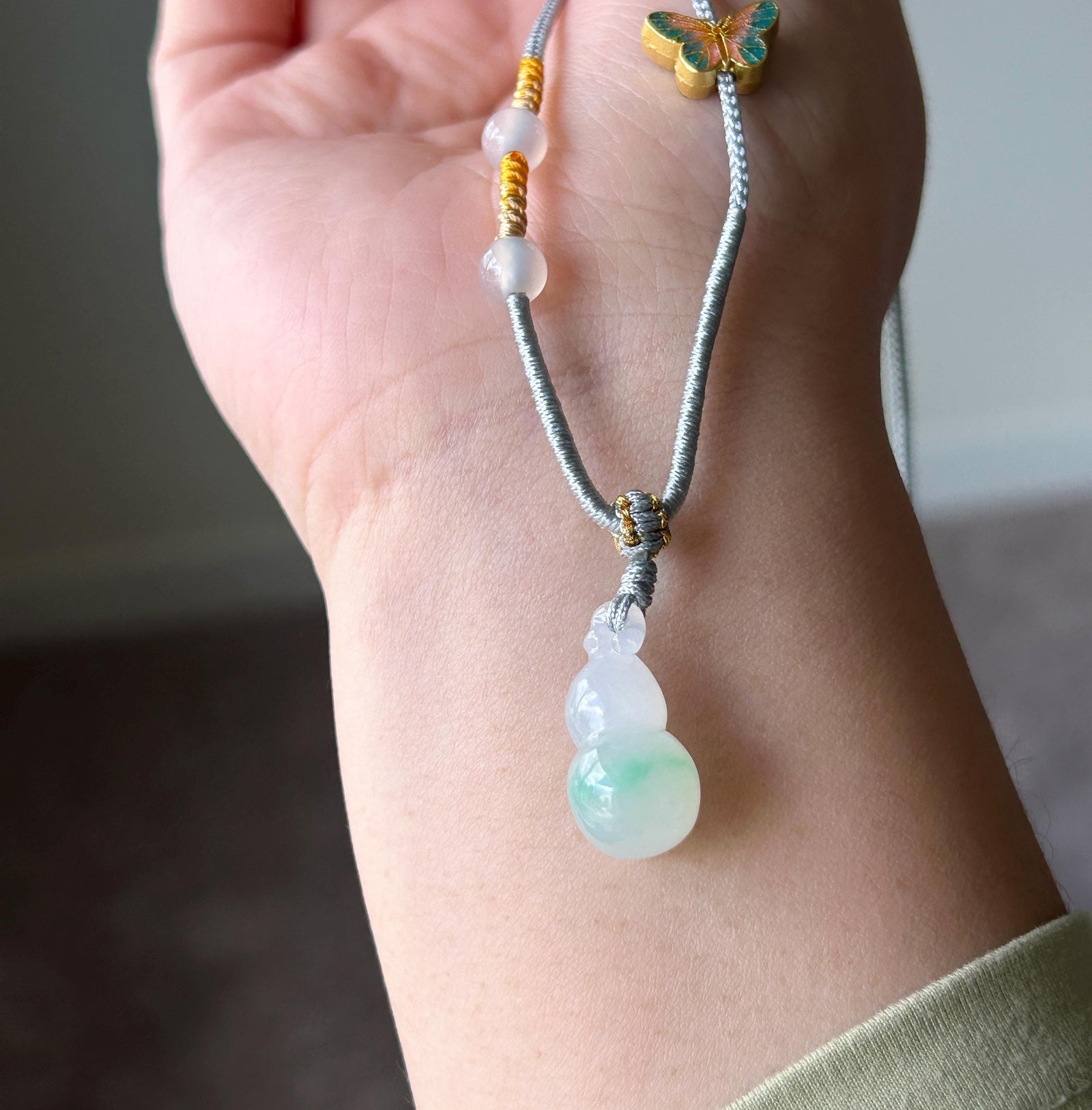 Natural Jadeite Gourd Pendant Handwoven Necklace Burmese Type A Highly Translucent Icy White Based Green Floral Jade Hulu| Moss in Snow