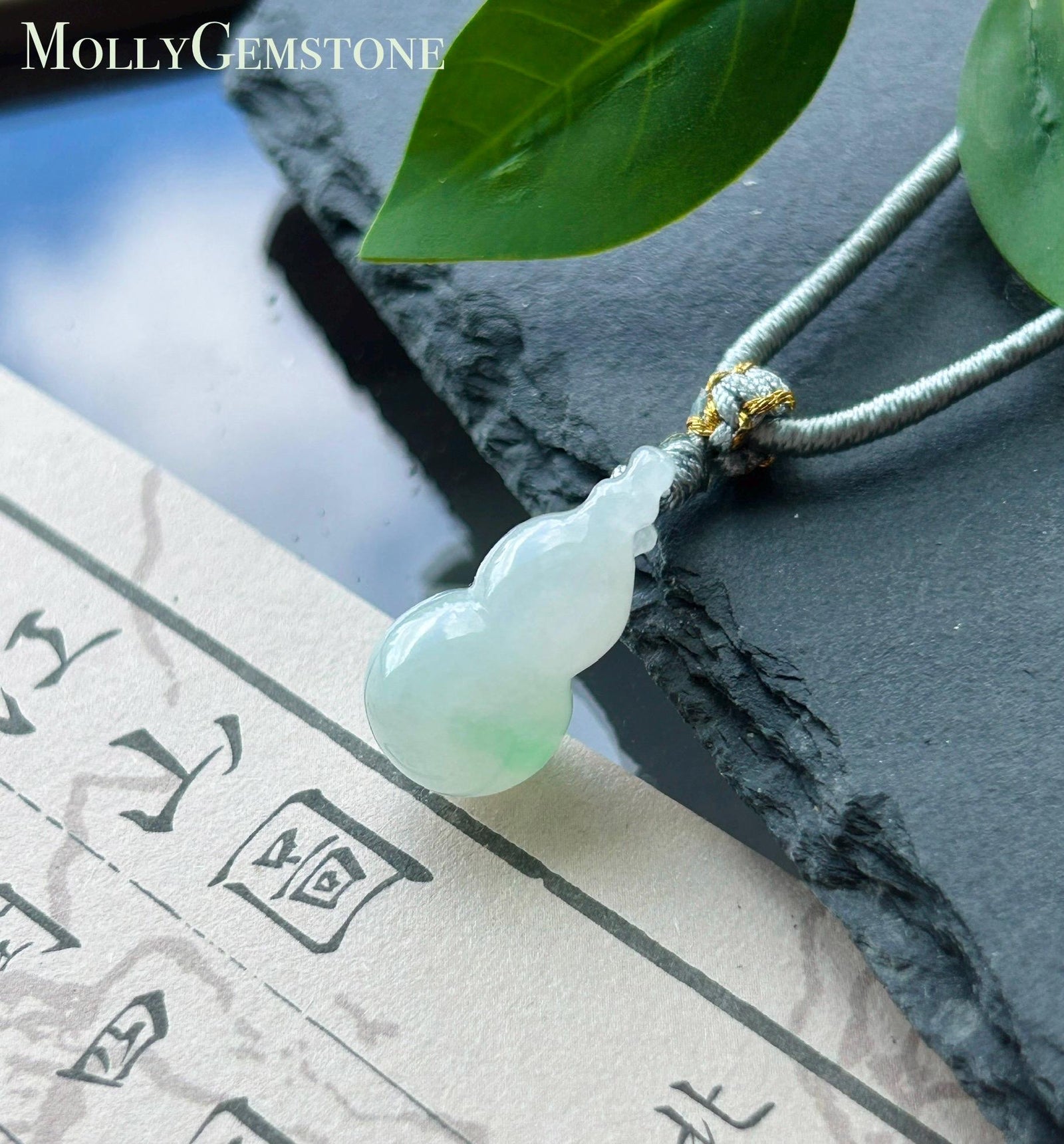 Natural Jadeite Gourd Pendant Handwoven Necklace Burmese Type A Highly Translucent Icy White Based Green Floral Jade Hulu| Moss in Snow