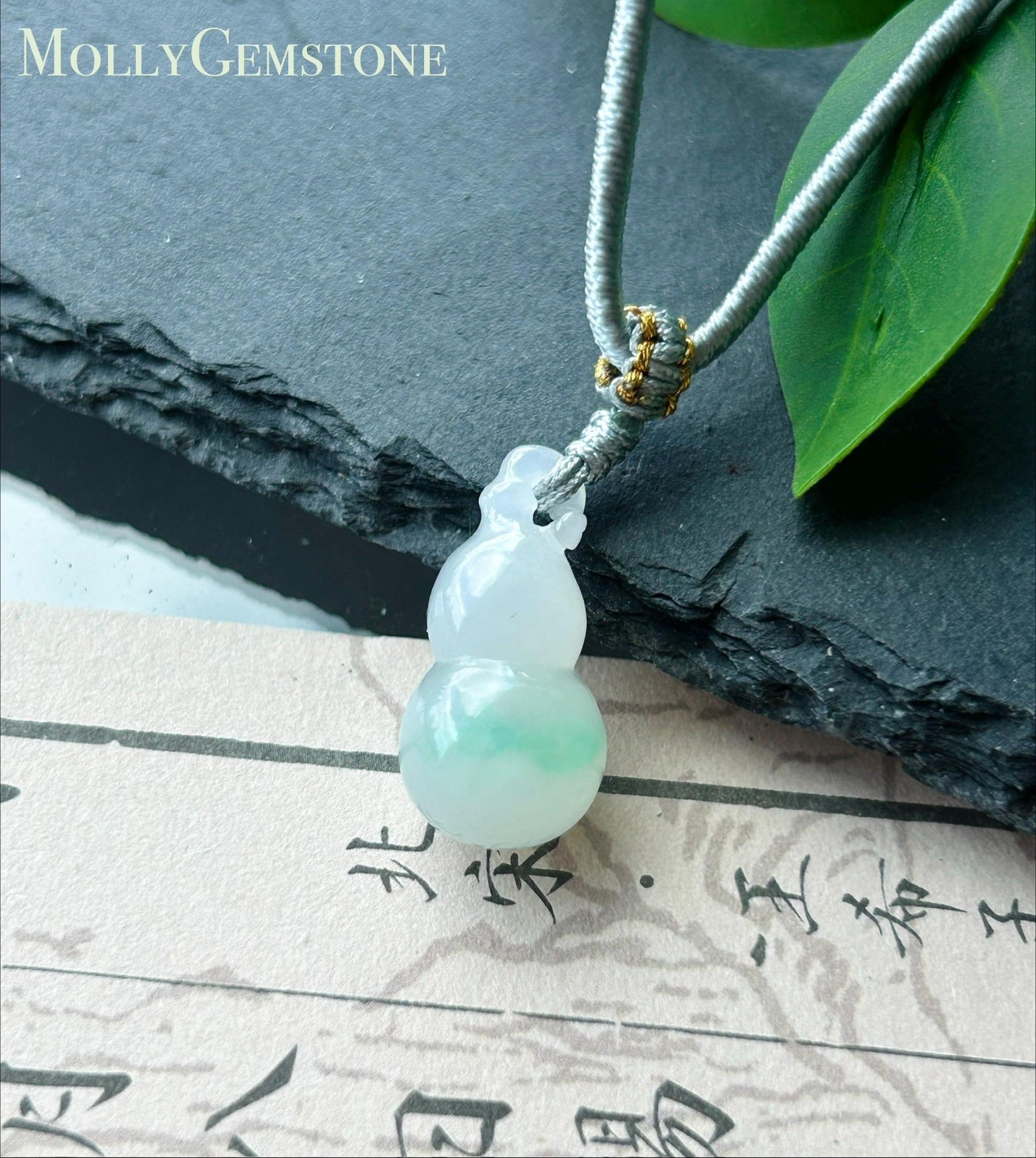 Natural Jadeite Gourd Pendant Handwoven Necklace Burmese Type A Highly Translucent Icy White Based Green Floral Jade Hulu| Moss in Snow
