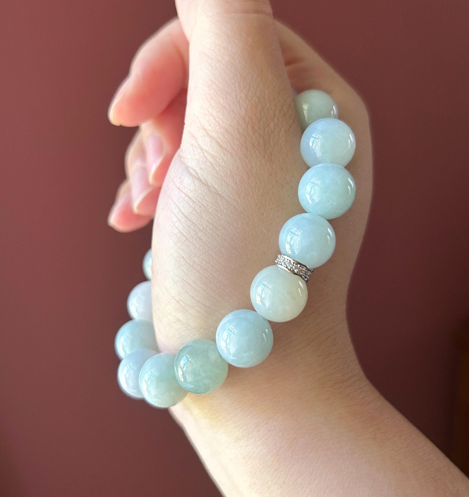 Natural Jadeite Beaded Bracelet Burmese Type A Untreated Fine Glutinous Macaron Pale Aqua Blue & Light Green Jade 12mm BIG Beads