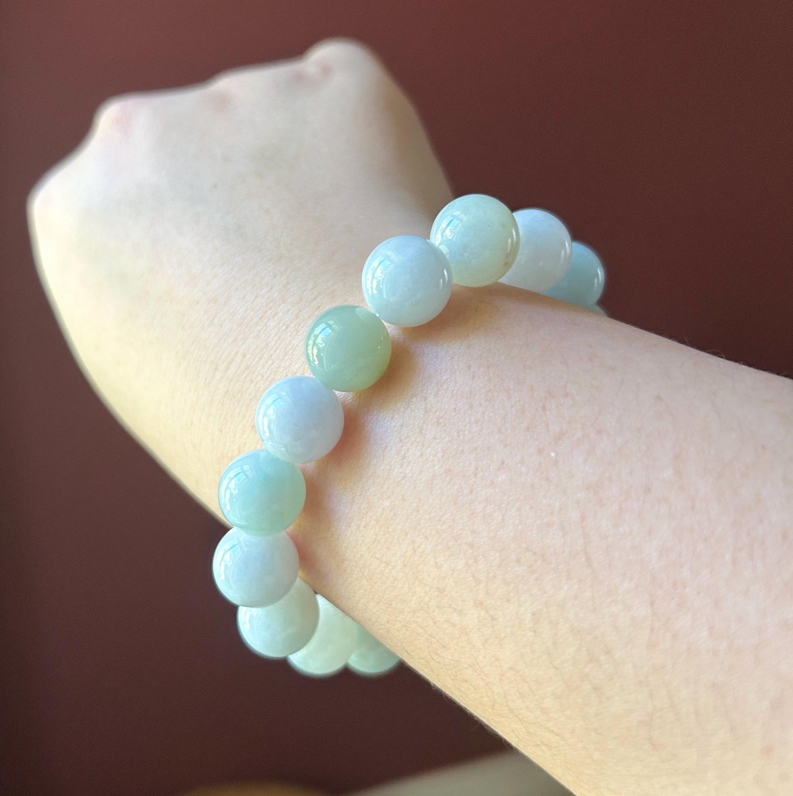 Natural Jadeite Beaded Bracelet Burmese Type A Untreated Fine Glutinous Macaron Pale Aqua Blue & Light Green Jade 12mm BIG Beads