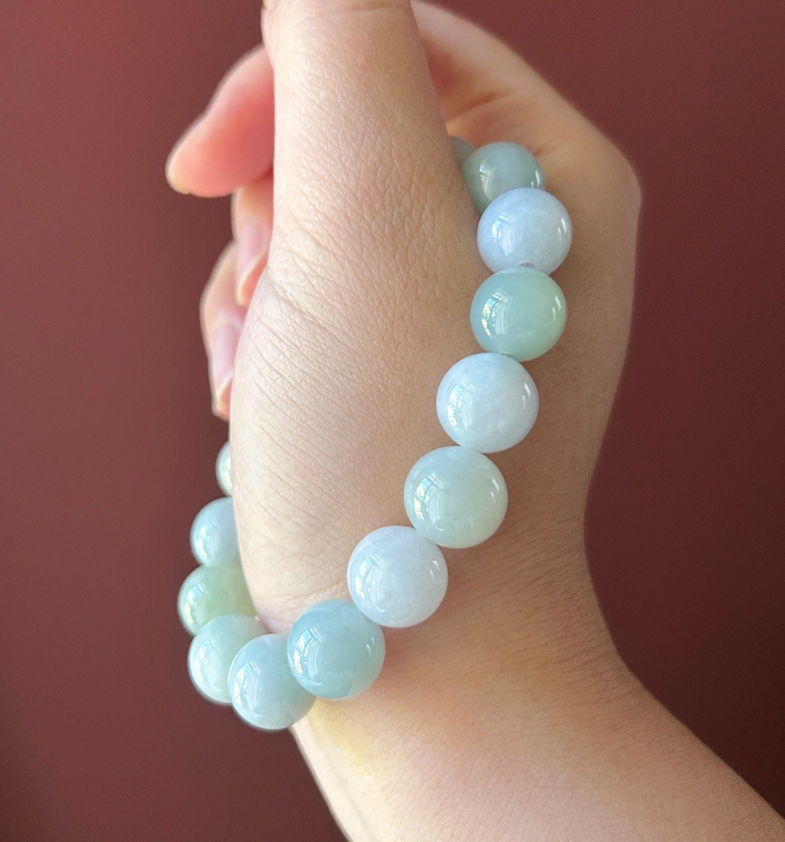 Natural Jadeite Beaded Bracelet Burmese Type A Untreated Fine Glutinous Macaron Pale Aqua Blue & Light Green Jade 12mm BIG Beads