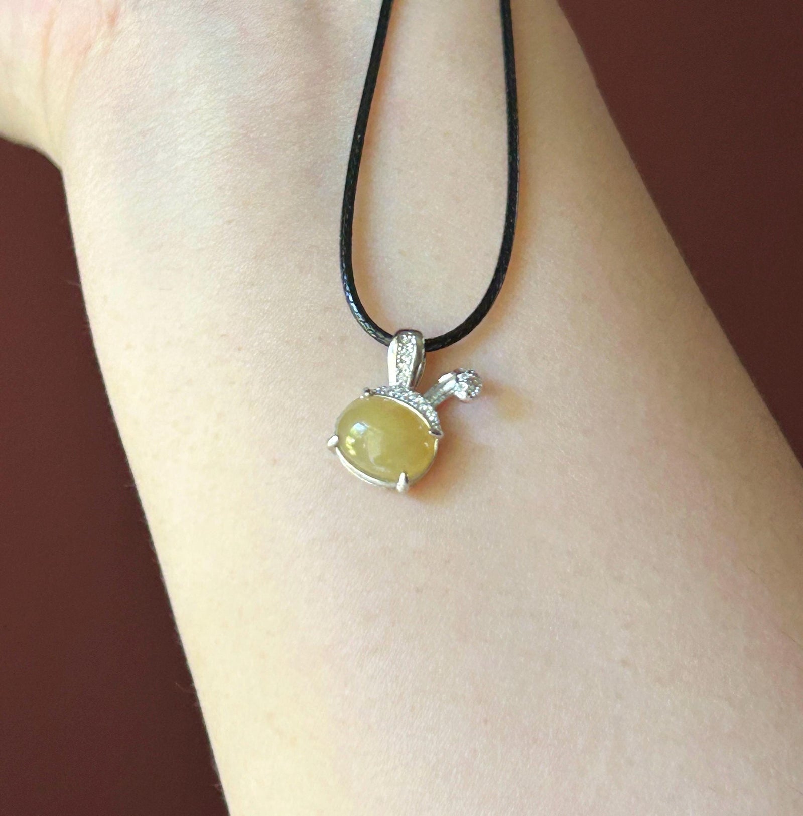 Natural Jadeite Petite Bunny Pendant 925 Sterling Silver | Burmese Type A Unheated Translucent Icy Honey Yellow Jade