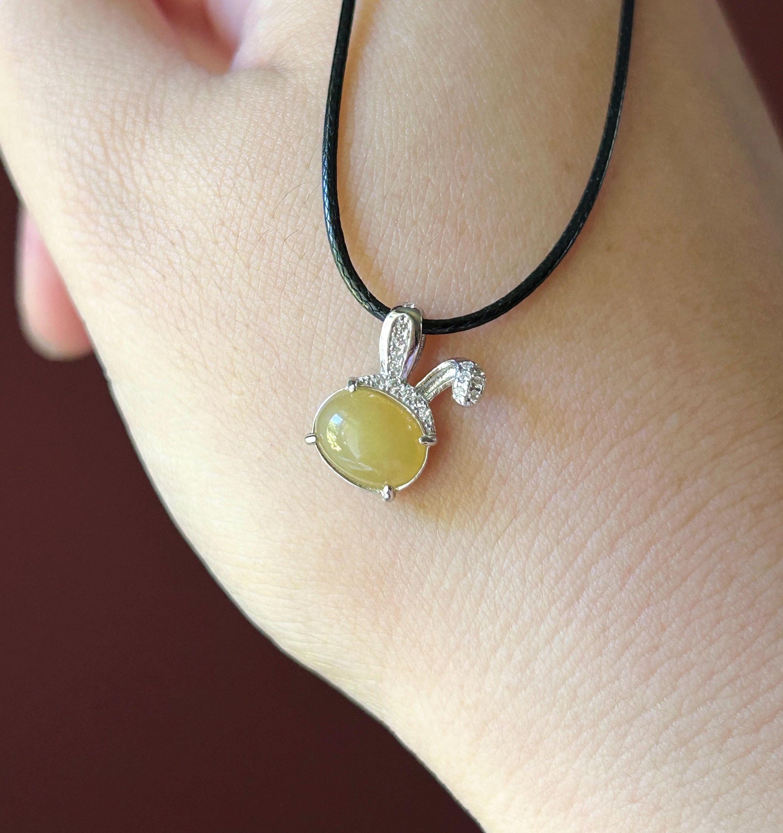 Natural Jadeite Petite Bunny Pendant 925 Sterling Silver | Burmese Type A Unheated Translucent Icy Honey Yellow Jade