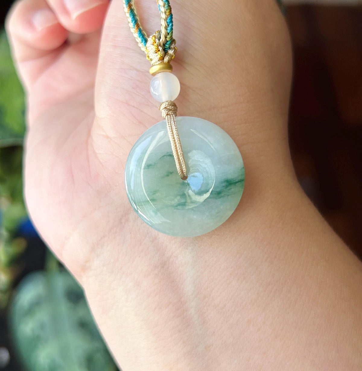 Natural Jadeite Lucky Donut Pendant Handwoven Necklace Burmese Type A Translucent Icy Bluish Green Floral Jade PingAnKou 24.5 x 5.4mm
