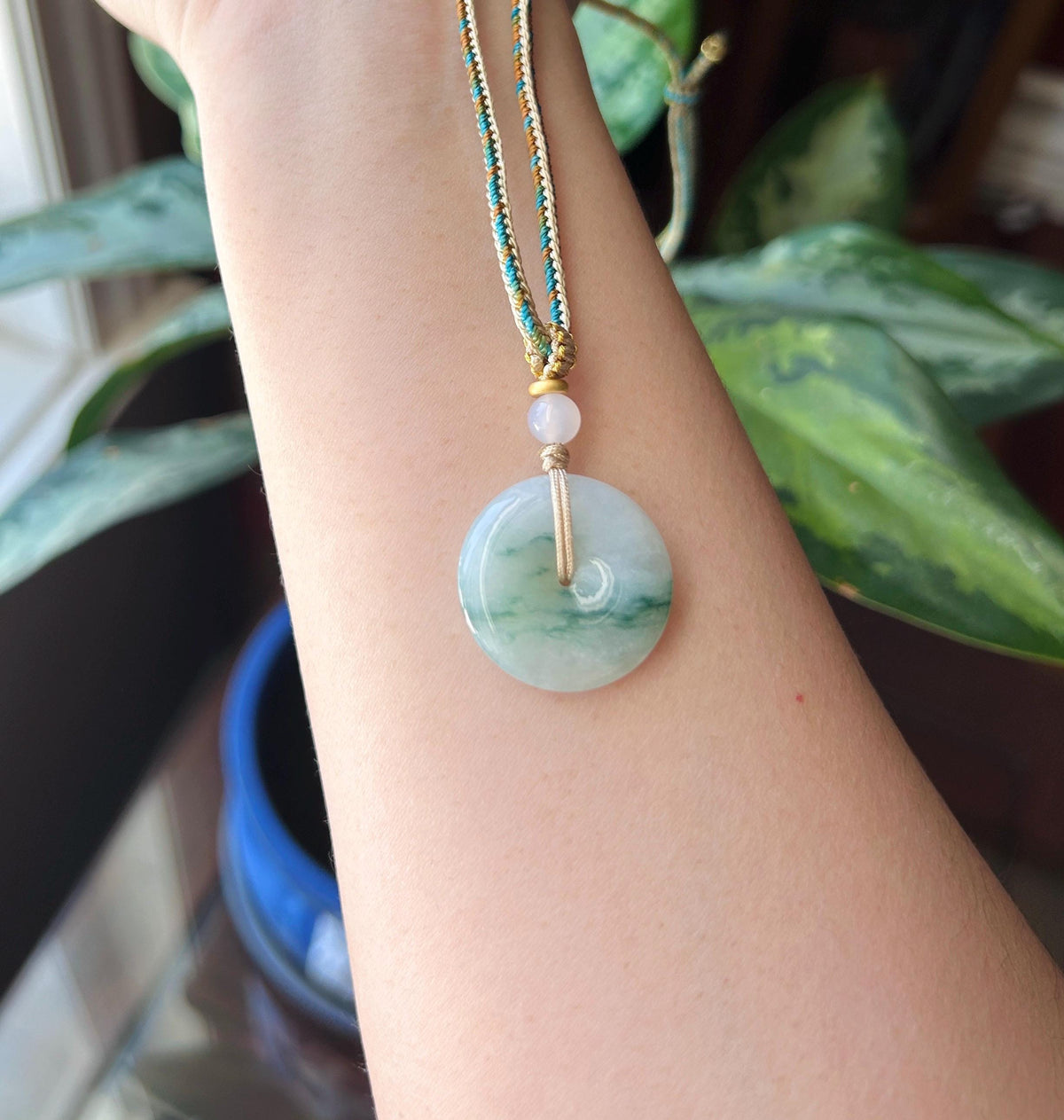 Natural Jadeite Lucky Donut Pendant Handwoven Necklace Burmese Type A Translucent Icy Bluish Green Floral Jade PingAnKou 24.5 x 5.4mm