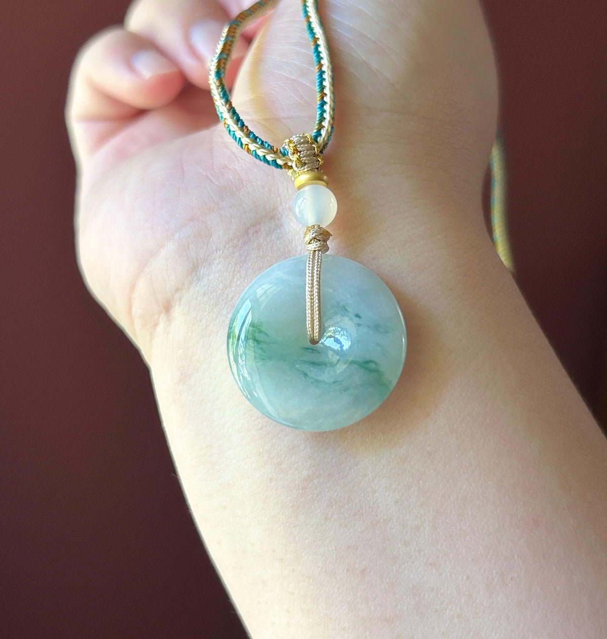 Natural Jadeite Lucky Donut Pendant Handwoven Necklace Burmese Type A Translucent Icy Bluish Green Floral Jade PingAnKou 24.5 x 5.4mm