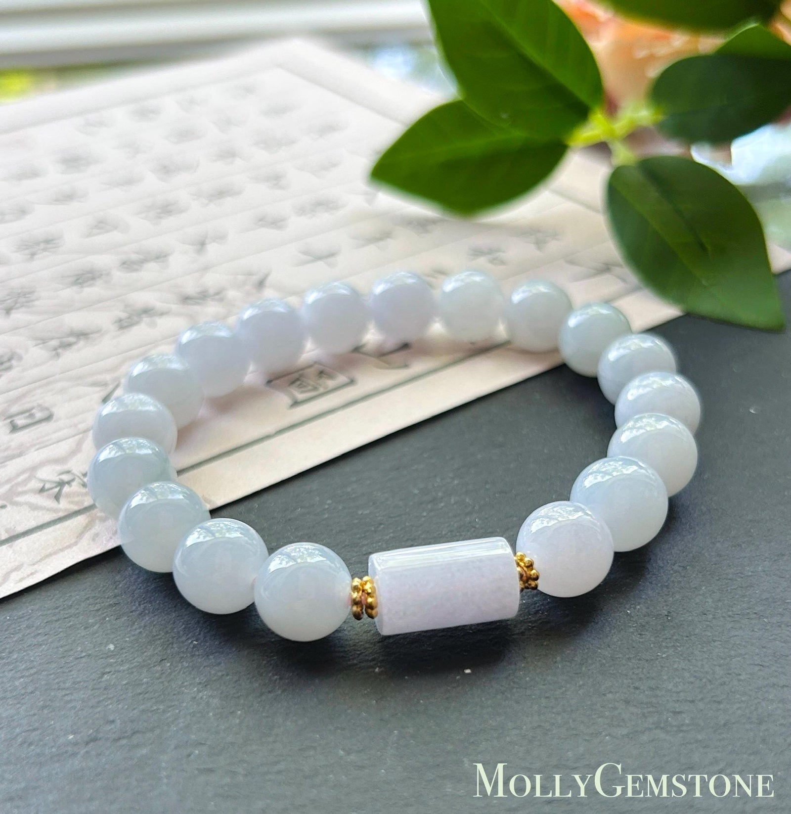 Natural Jadeite Beaded Bracelet Burmese Type A Translucent Fine Icy Misty Blue Lavender Cool Toned Jade 9.7mm Minimalist Jewelry