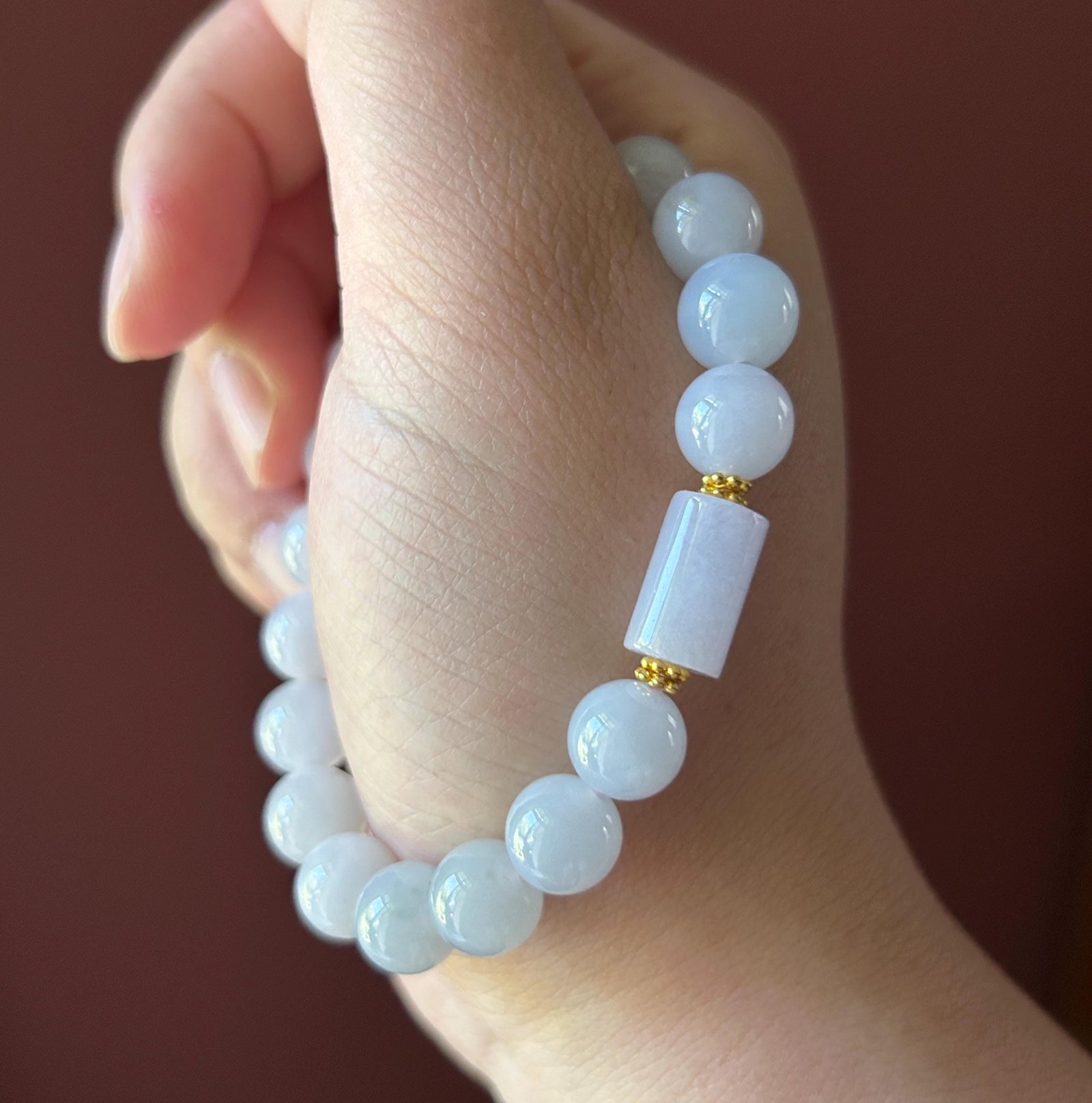 Natural Jadeite Beaded Bracelet Burmese Type A Translucent Fine Icy Misty Blue Lavender Cool Toned Jade 9.7mm Minimalist Jewelry