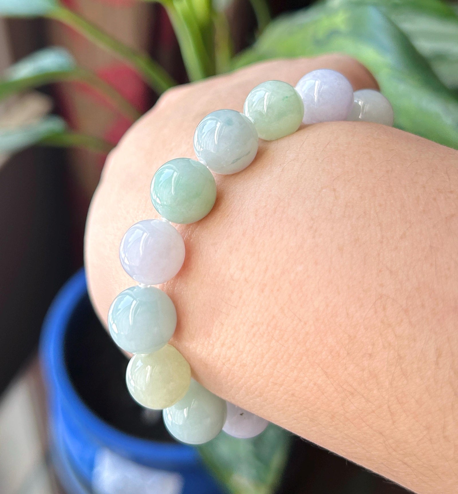 Natural Jadeite Beaded Bracelet Burmese Type A Untreated Translucent Fine Icy Macaron Multicolor Jade 11.5mm BIG Beads