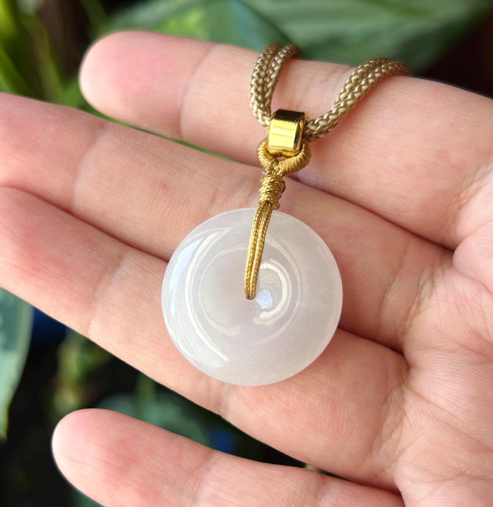 Natural Jadeite Lucky Donut Pendant Handwoven Necklace Burmese Type A Highly Translucent Icy White Jade PingAnKou 23.7 x 5.9mm
