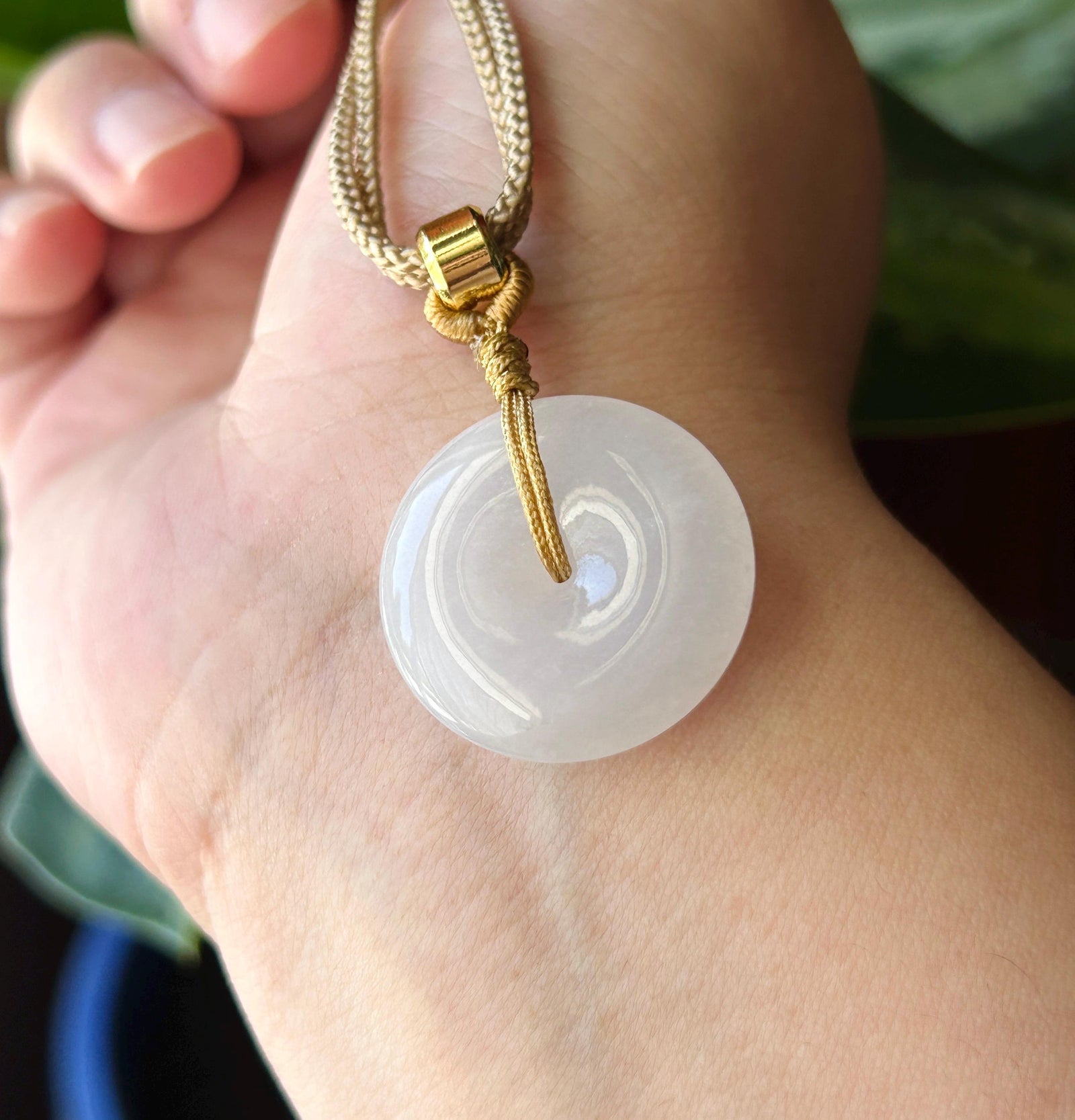 Natural Jadeite Lucky Donut Pendant Handwoven Necklace Burmese Type A Highly Translucent Icy White Jade PingAnKou 23.7 x 5.9mm