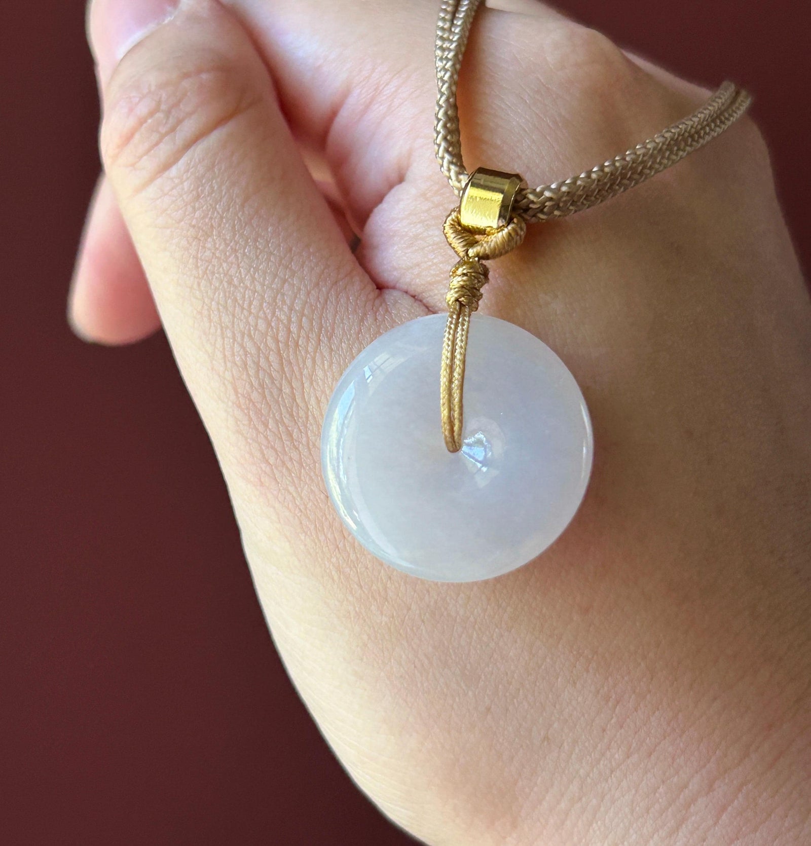 Natural Jadeite Lucky Donut Pendant Handwoven Necklace Burmese Type A Highly Translucent Icy White Jade PingAnKou 23.7 x 5.9mm