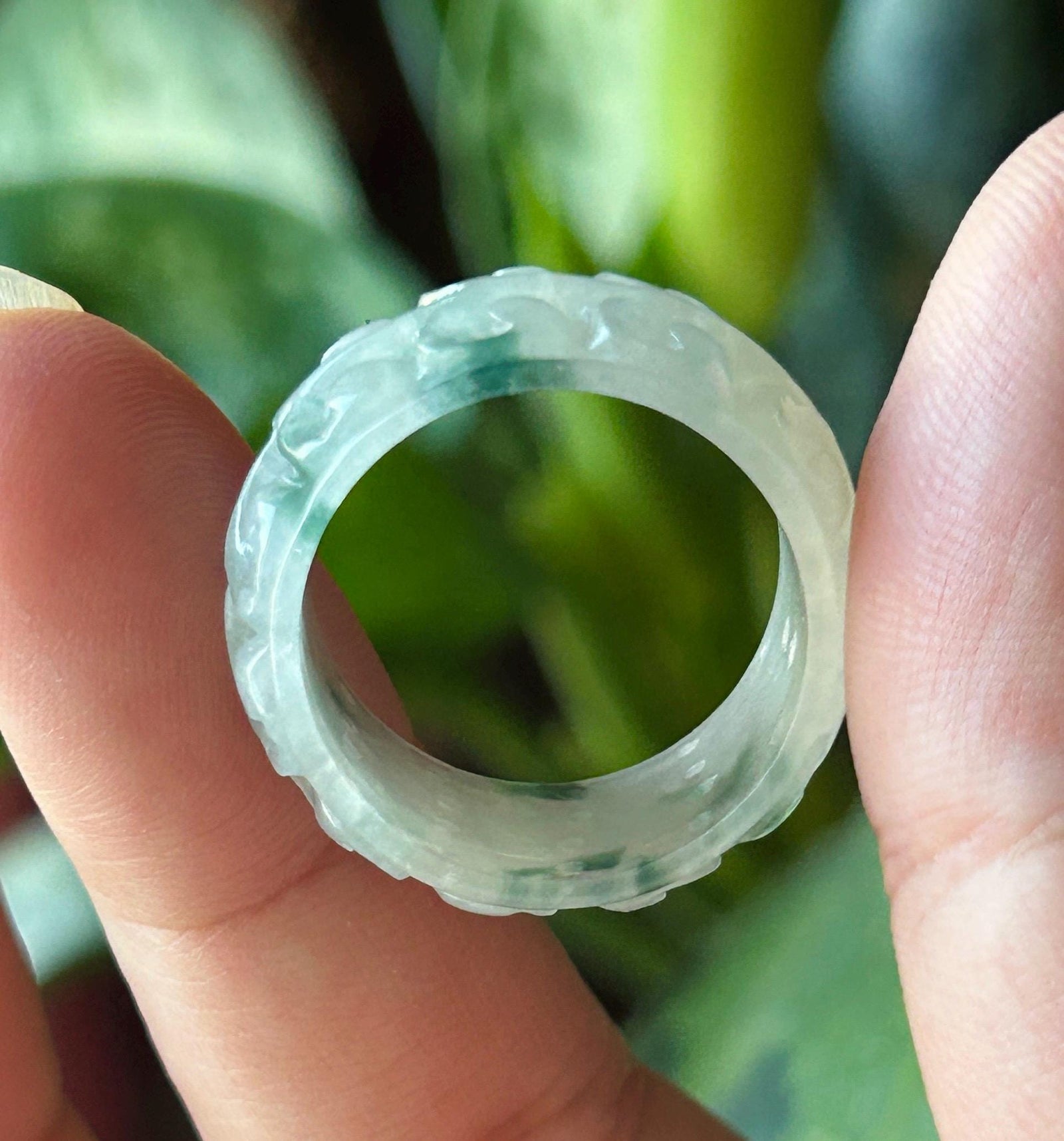 Certified Natural Jadeite Carved Auspicious Ring, Type A Burmese Icy Translucent Light Green & Bluish Green Floral Jade Wide Band, US 9