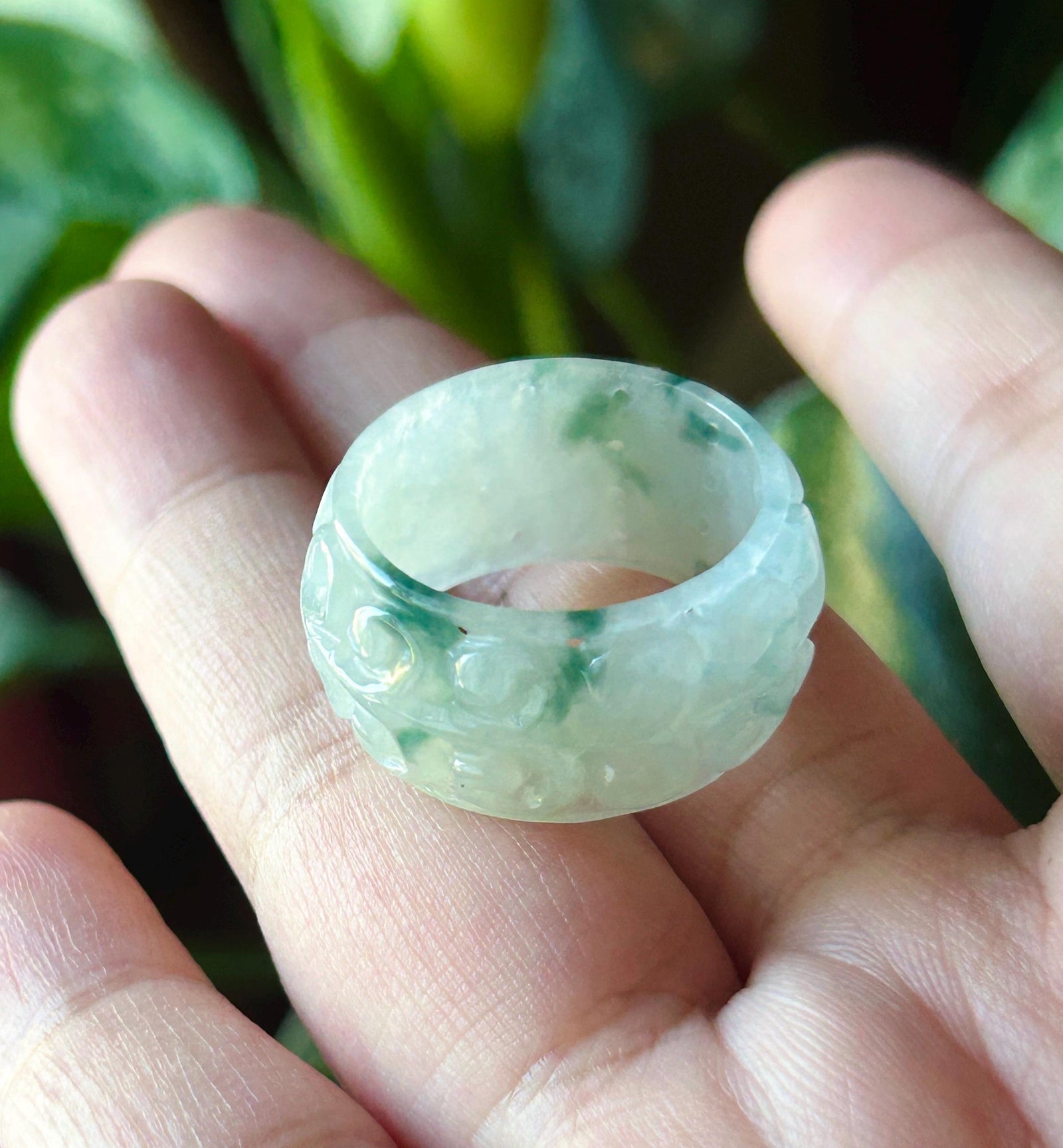 Certified Natural Jadeite Carved Auspicious Ring, Type A Burmese Icy Translucent Light Green & Bluish Green Floral Jade Wide Band, US 9
